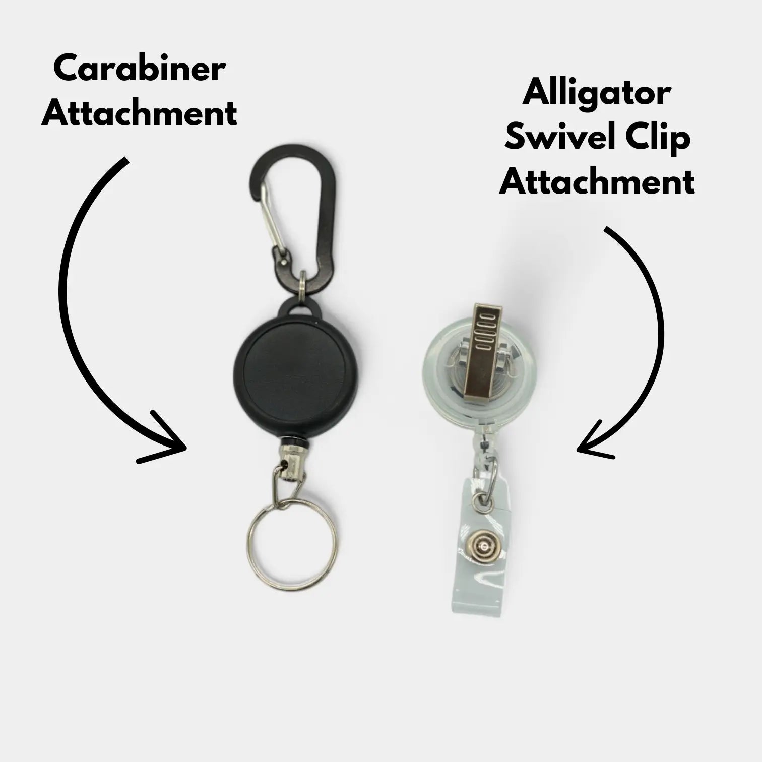 Attachment options Carabiner with a steel retractable cable or a swivel-alligator clip that rotates 360° with a nylon retractable string.