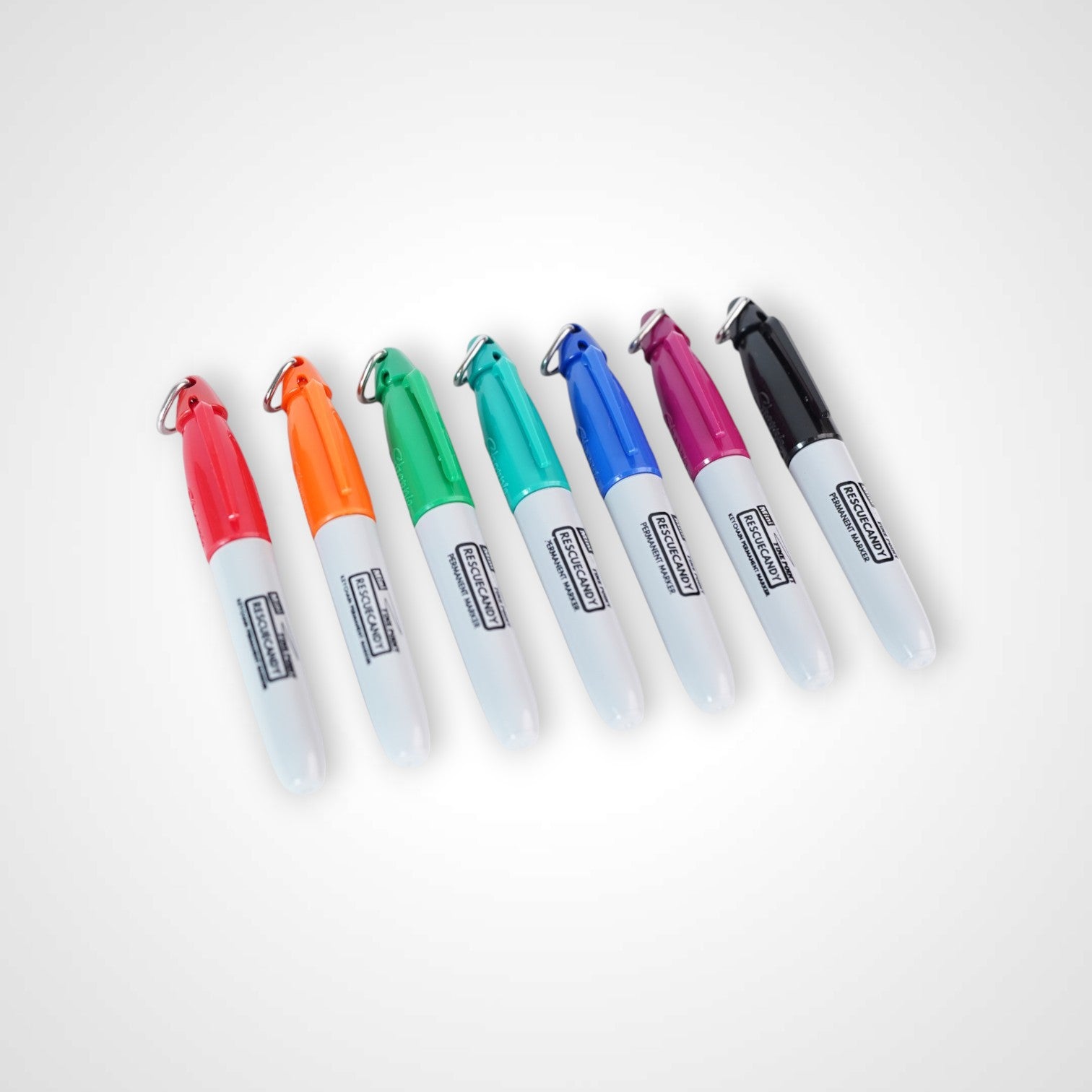 Red, orange, green, teal, blue, purple, and black Sharpie keychain with Rescuecandy logo.