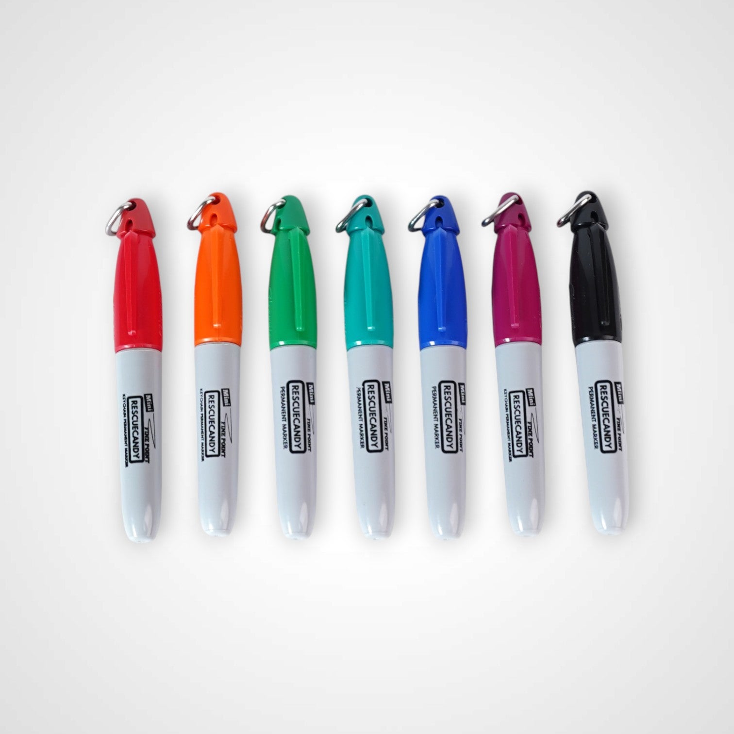 Red, orange, green, teal, blue, purple, and black Sharpie keychain with Rescuecandy logo.