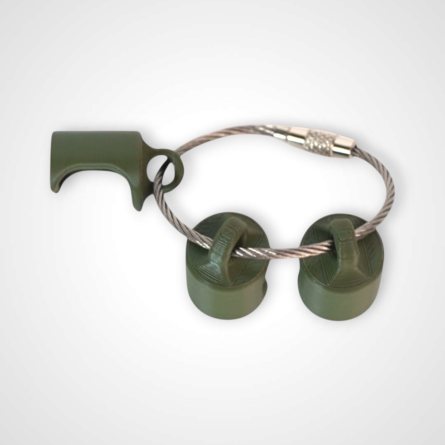 Three army green polylactic acid created using additive manufacturing classic cap clips on steel cable keyring. Shown on a white background.