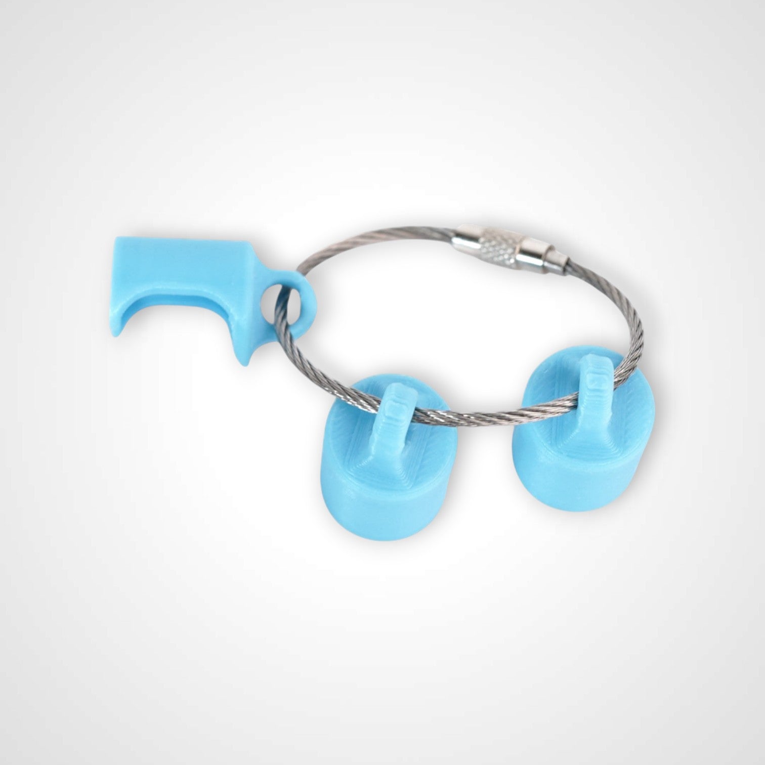 Three blue polylactic acid created using additive manufacturing classic cap clips on steel cable keyring. Shown on a white background.