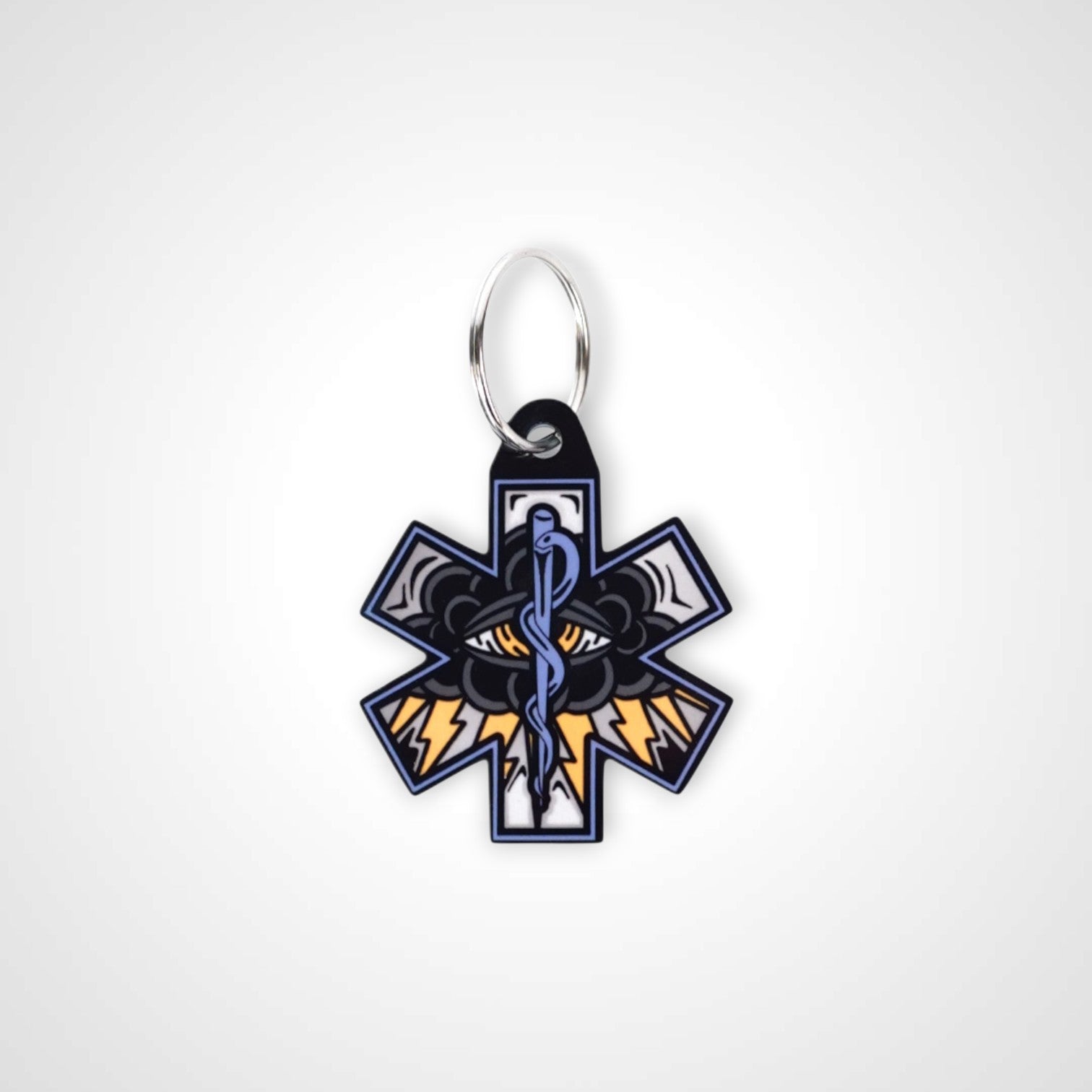 Black Cloud cast acrylic keychain with double coil keyring. Shown on white background.