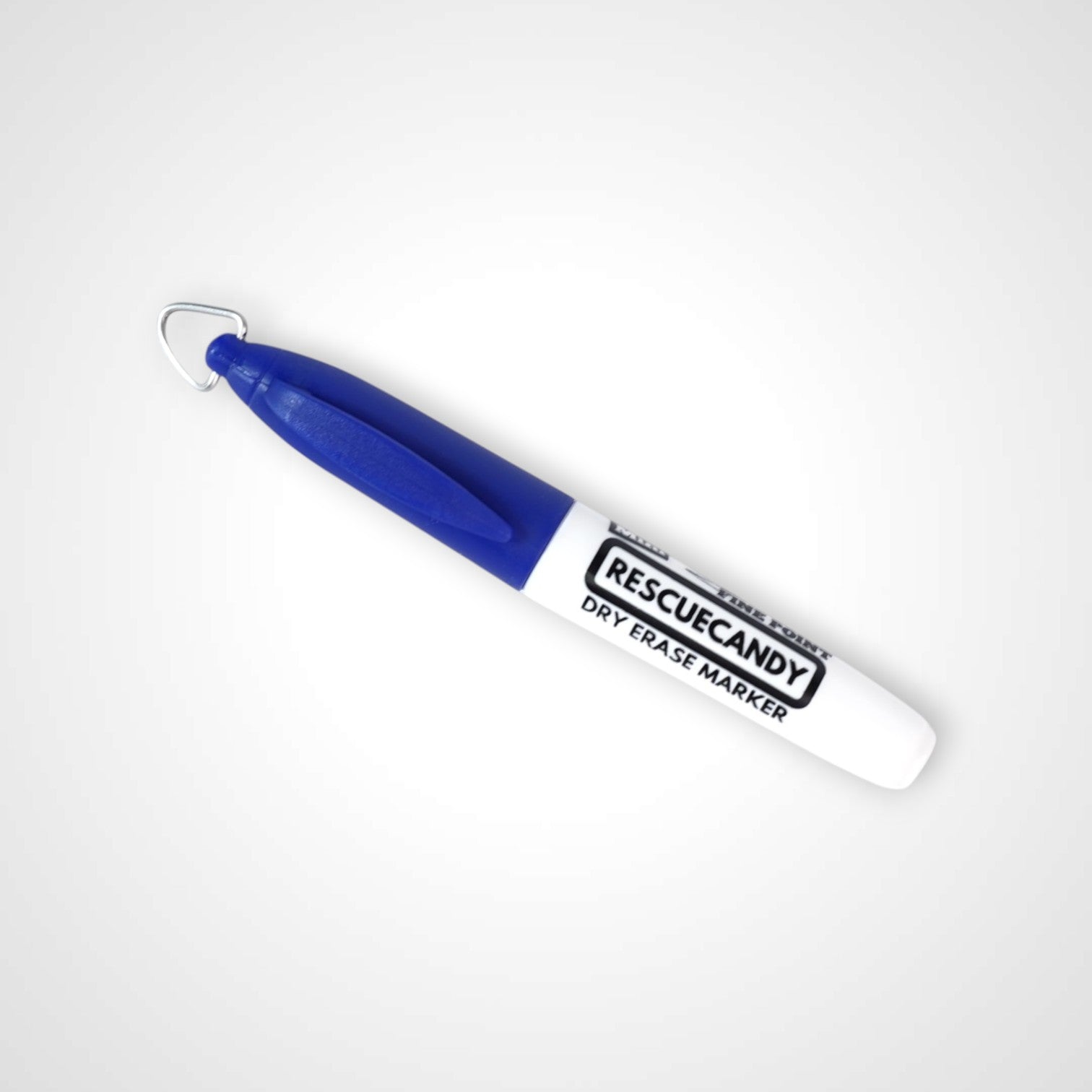 Blue dry erase keychain with Rescuecandy logo.