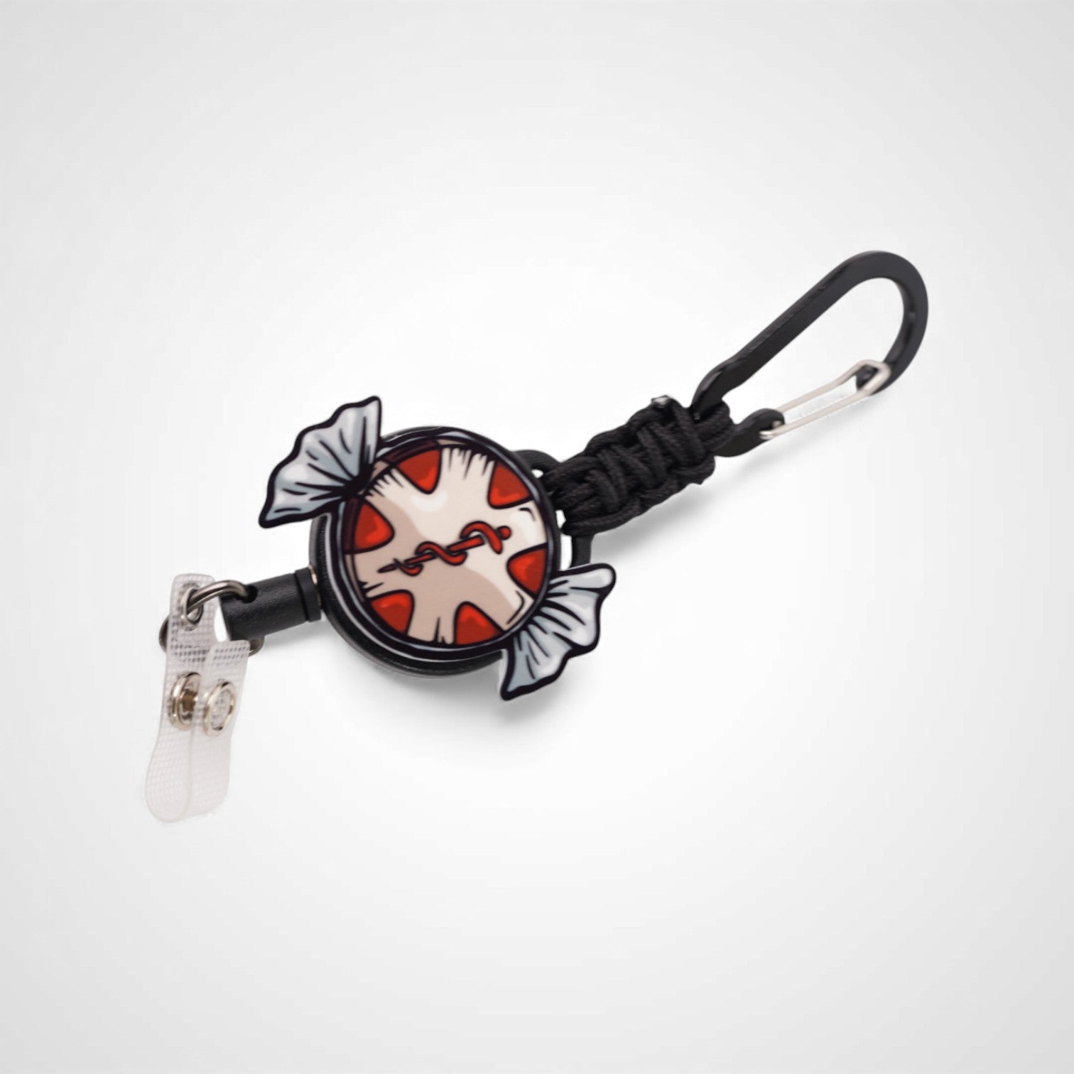peppermint star of life badge reel design made for EMS workers emts, paramedics. carabiner clip badge reel EMS holiday christmas gift side shot