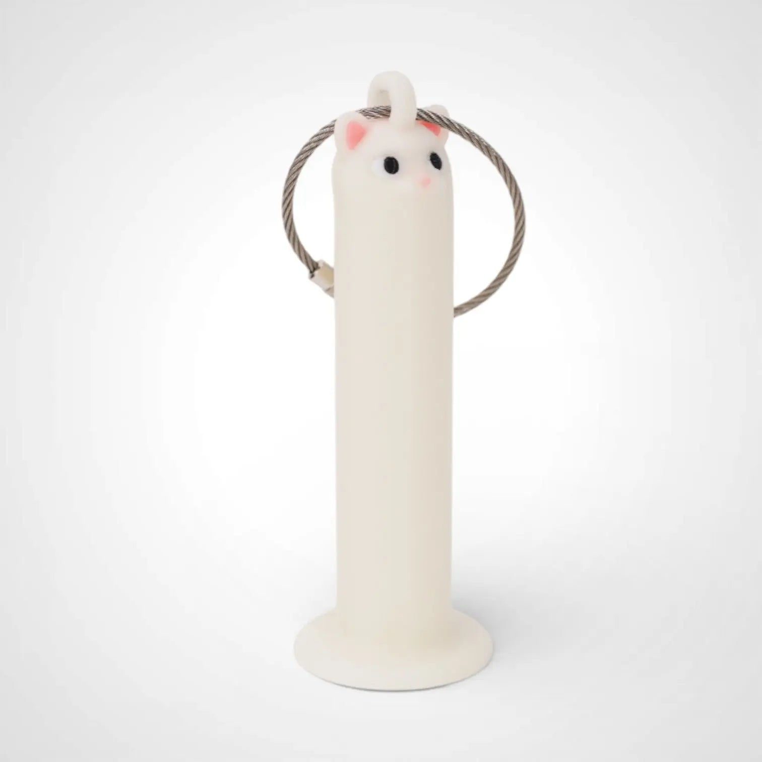 Cat White Glow 3-inch roll holder made with polylactic acid, created using additive manufacturing for holding tape and bandage rolls. With a steel cable keyring. Shown on white background.