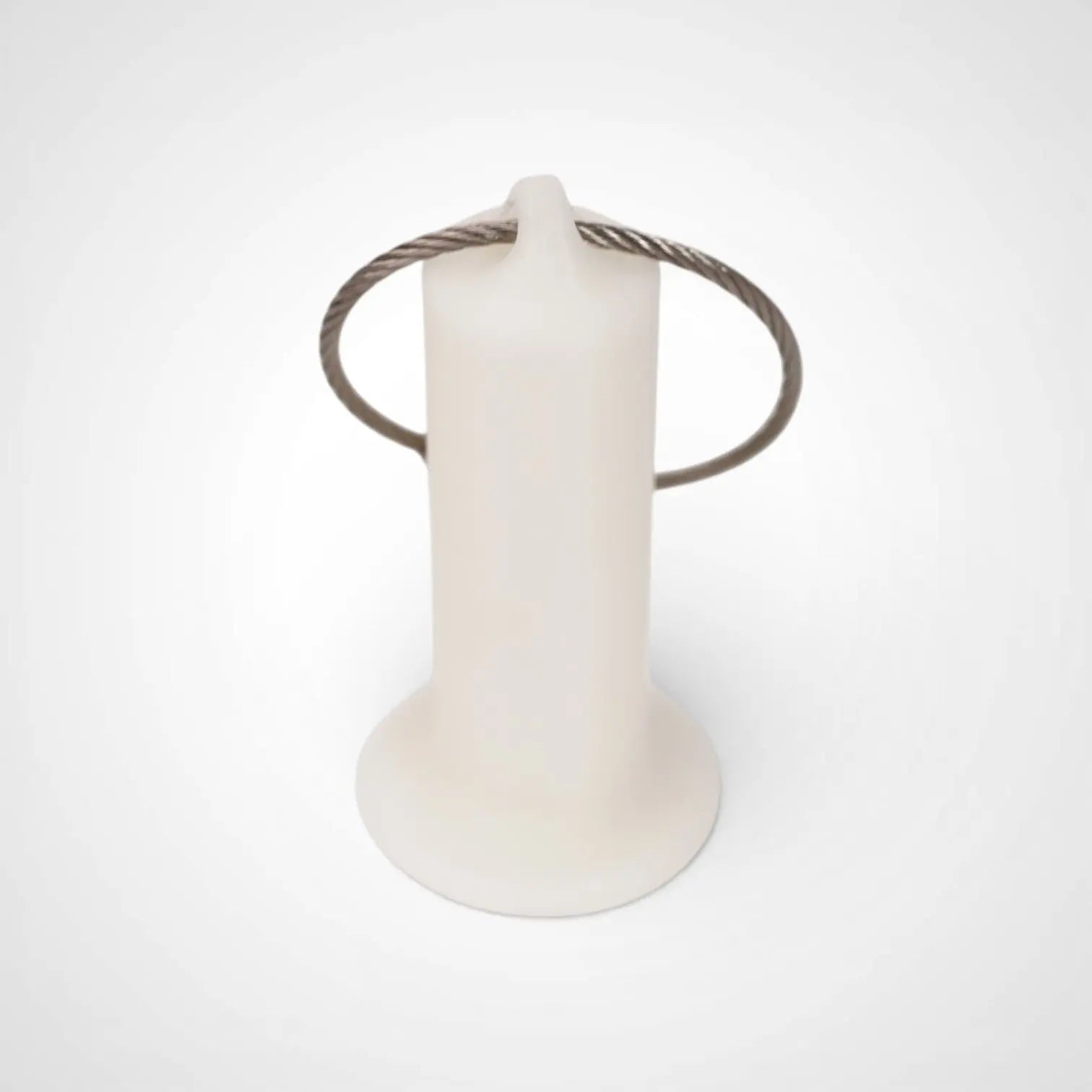 White Glow Blue 2-inch roll holder made with polylactic acid, created using additive manufacturing for holding tape and bandage rolls. With a steel cable keyring. Shown on white background.