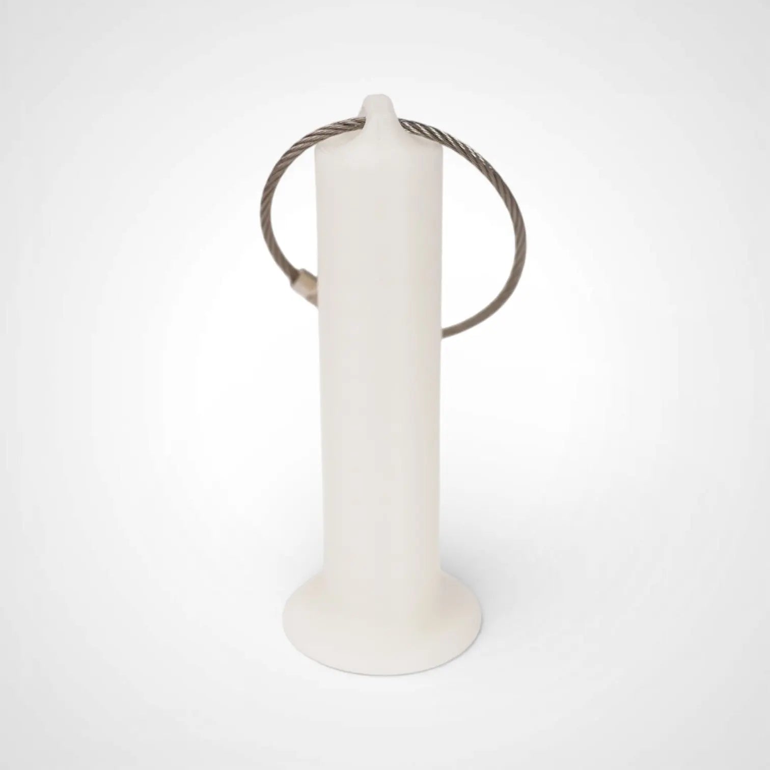 White Glow Blue 3-inch roll holder made with polylactic acid, created using additive manufacturing for holding tape and bandage rolls. With a steel cable keyring. Shown on white background.