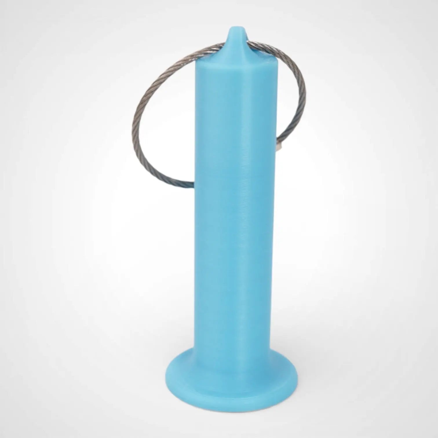 Blue Glow Teal 3-inch roll holder made with polylactic acid, created using additive manufacturing for holding tape and bandage rolls. With a steel cable keyring. Shown on white background.