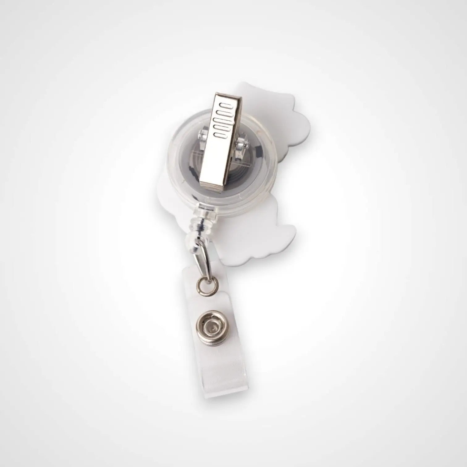 Cowboy Cat badge reel. On a swivel-alligator clip that rotates 360° with a nylon retractable string. Shown on a white background.