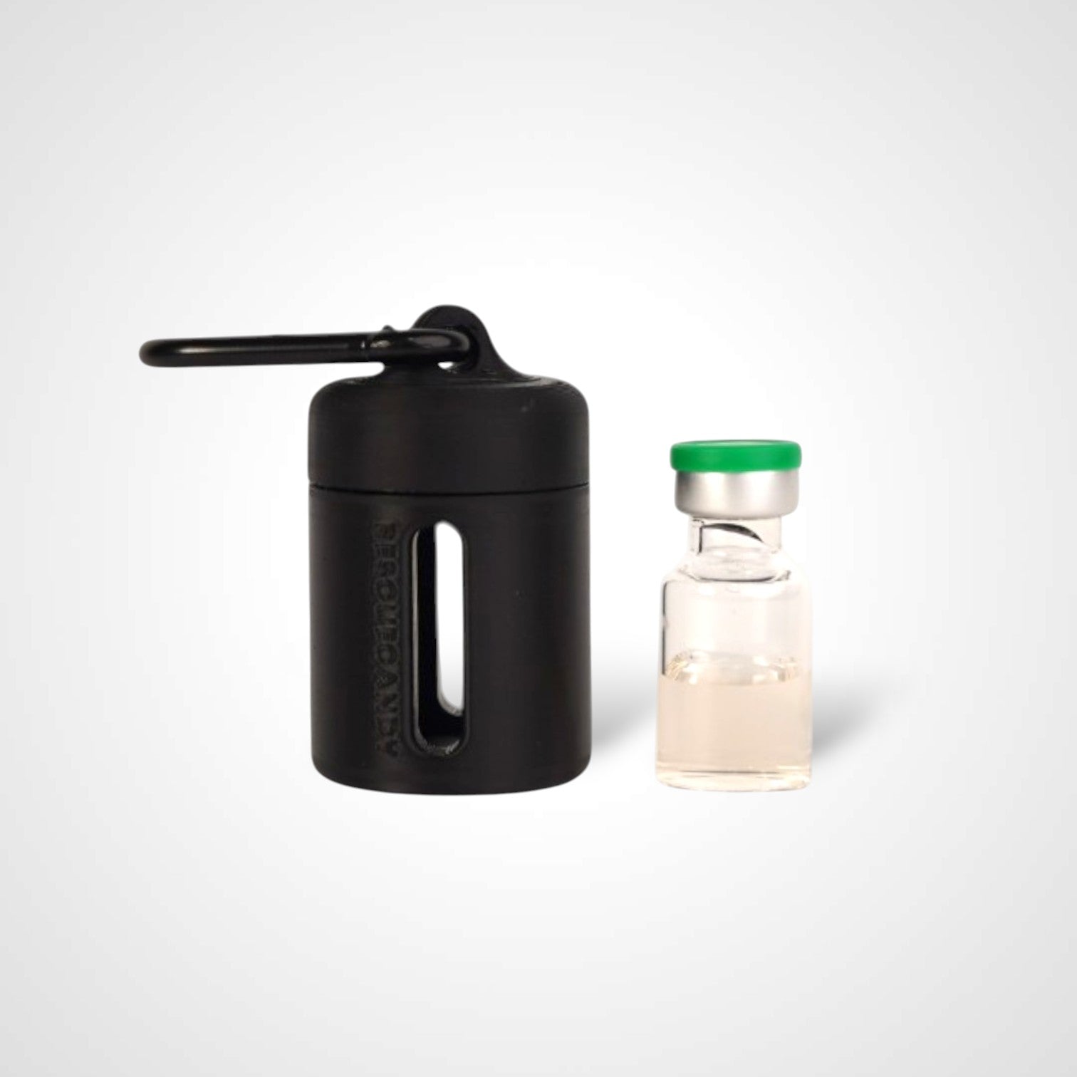 Black vial vault. For empty 2ml or smaller vials, made with polylactic acid created using additive manufacturing. With 1.37" stainless steel black coated carabiner. Shown next to vial on white background.