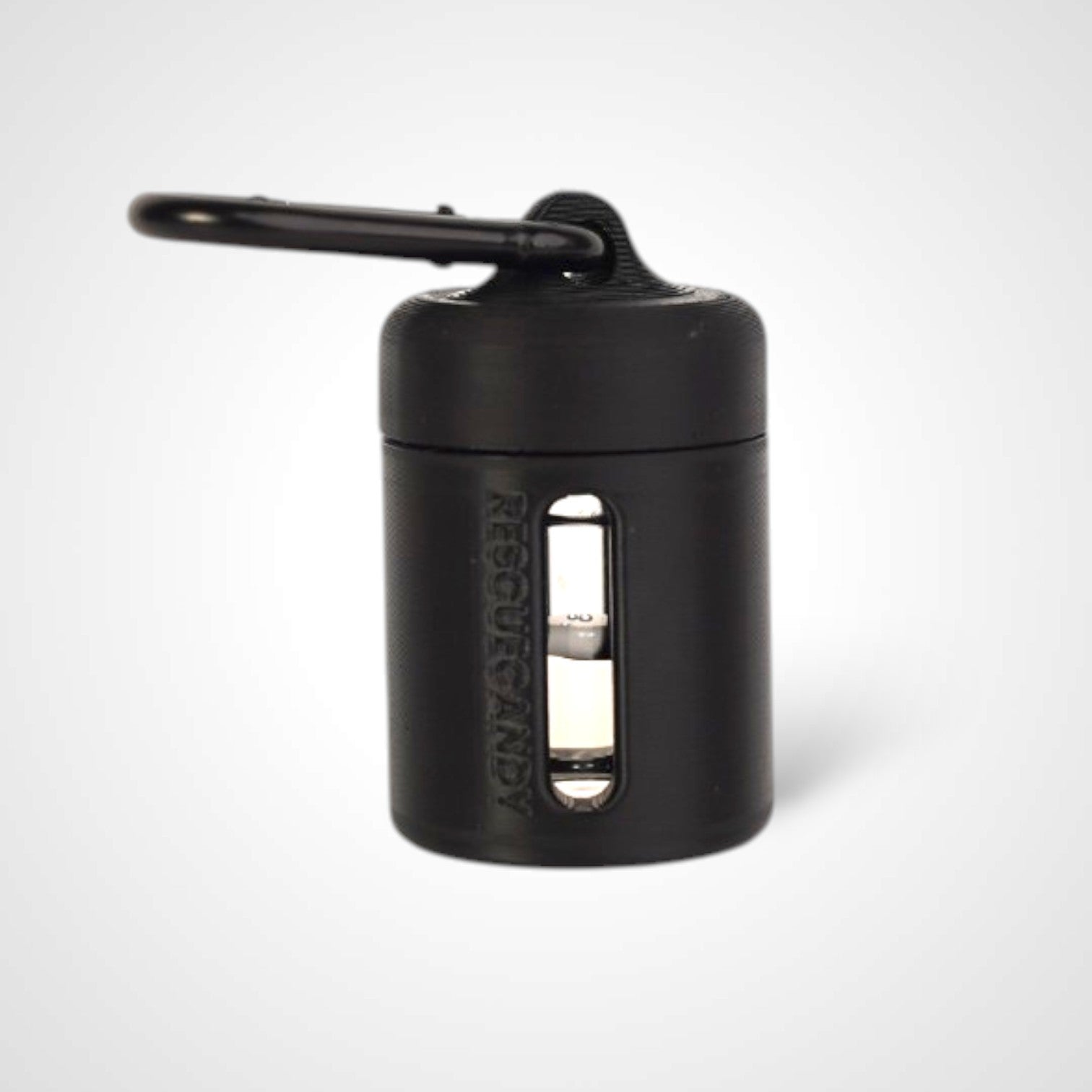 Black vial vault. For empty 2ml or smaller vials, made with polylactic acid created using additive manufacturing. With 1.37" stainless steel black coated carabiner. Shown with vial in it on white background.
