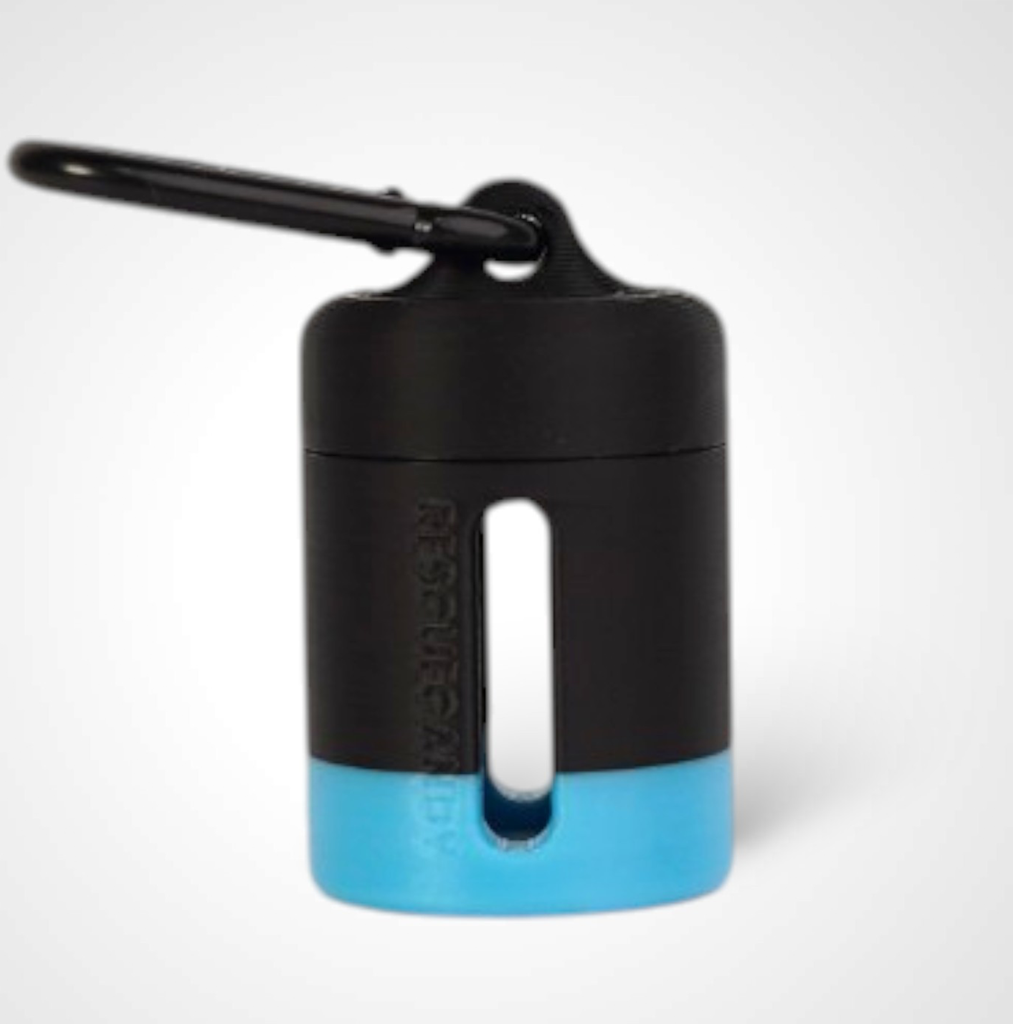 Black with blue stripe vial vault. For empty 2ml or smaller vials, made with polylactic acid created using additive manufacturing. With 1.37" stainless steel black coated carabiner. Shown on white background.