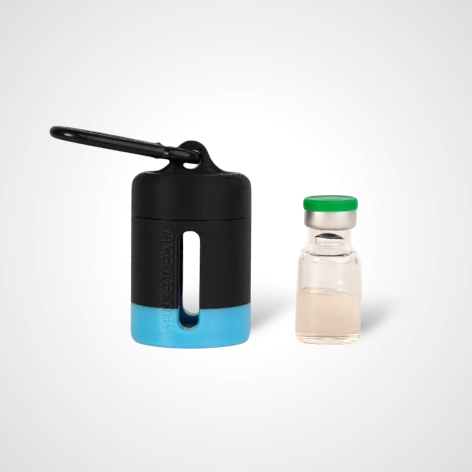Black with blue stripe vial vault. For empty 2ml or smaller vials, made with polylactic acid created using additive manufacturing. With 1.37" stainless steel black coated carabiner. Shown next to vial on white background.