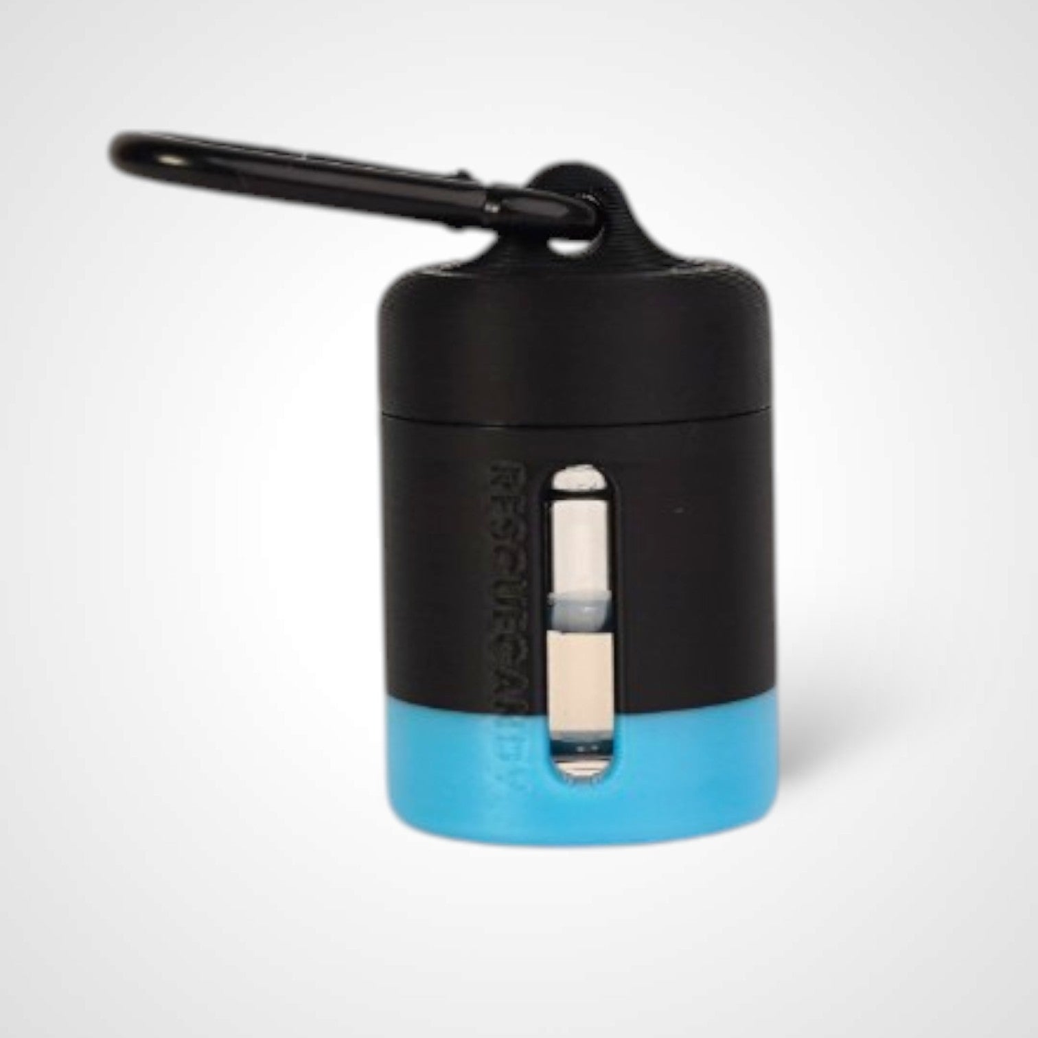 Black with blue stripe vial vault. For empty 2ml or smaller vials, made with polylactic acid created using additive manufacturing. With 1.37" stainless steel black coated carabiner. Shown with vial in it on white background.