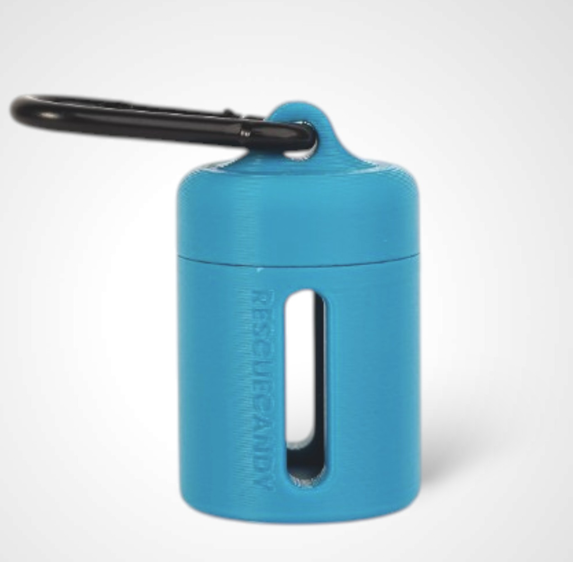 Blue vial vault. For empty 2ml or smaller vials, made with polylactic acid created using additive manufacturing. With 1.37" stainless steel black coated carabiner. Shown on white background.