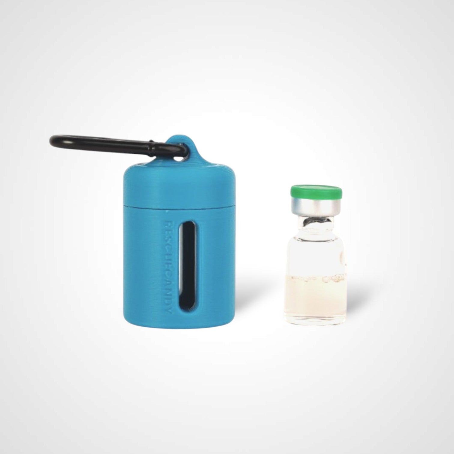 Blue vial vault. For empty 2ml or smaller vials, made with polylactic acid created using additive manufacturing. With 1.37" stainless steel black coated carabiner. Shown next to vial on white background.