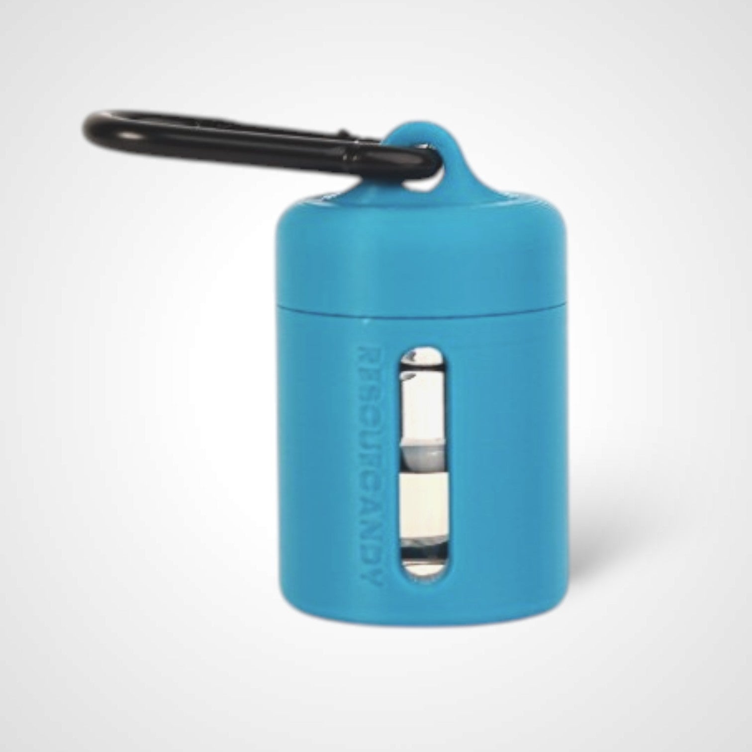 Blue vial vault. For empty 2ml or smaller vials, made with polylactic acid created using additive manufacturing. With 1.37" stainless steel black coated carabiner. Shown with vial in it on white background.