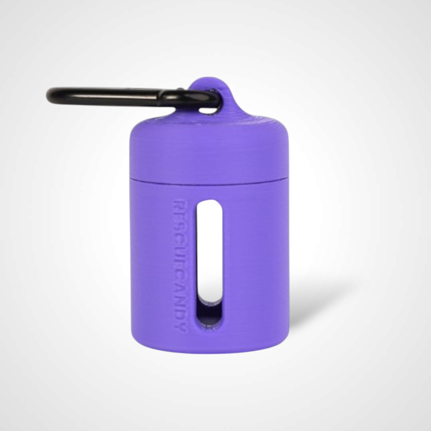 Purple vial vault. For empty 2ml or smaller vials, made with polylactic acid created using additive manufacturing. With 1.37" stainless steel black coated carabiner. Shown on white background.