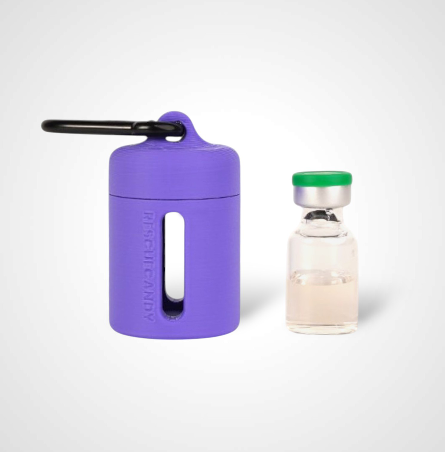 Purple vial vault. For empty 2ml or smaller vials, made with polylactic acid created using additive manufacturing. With 1.37" stainless steel black coated carabiner. Shown next to vial on white background.