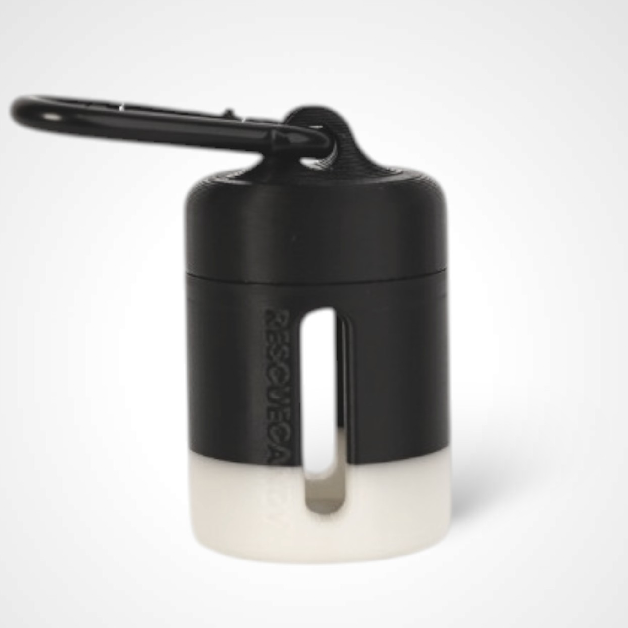 Black with white stripe vial vault. For empty 2ml or smaller vials, made with polylactic acid created using additive manufacturing. With 1.37" stainless steel black coated carabiner. Shown on white background.