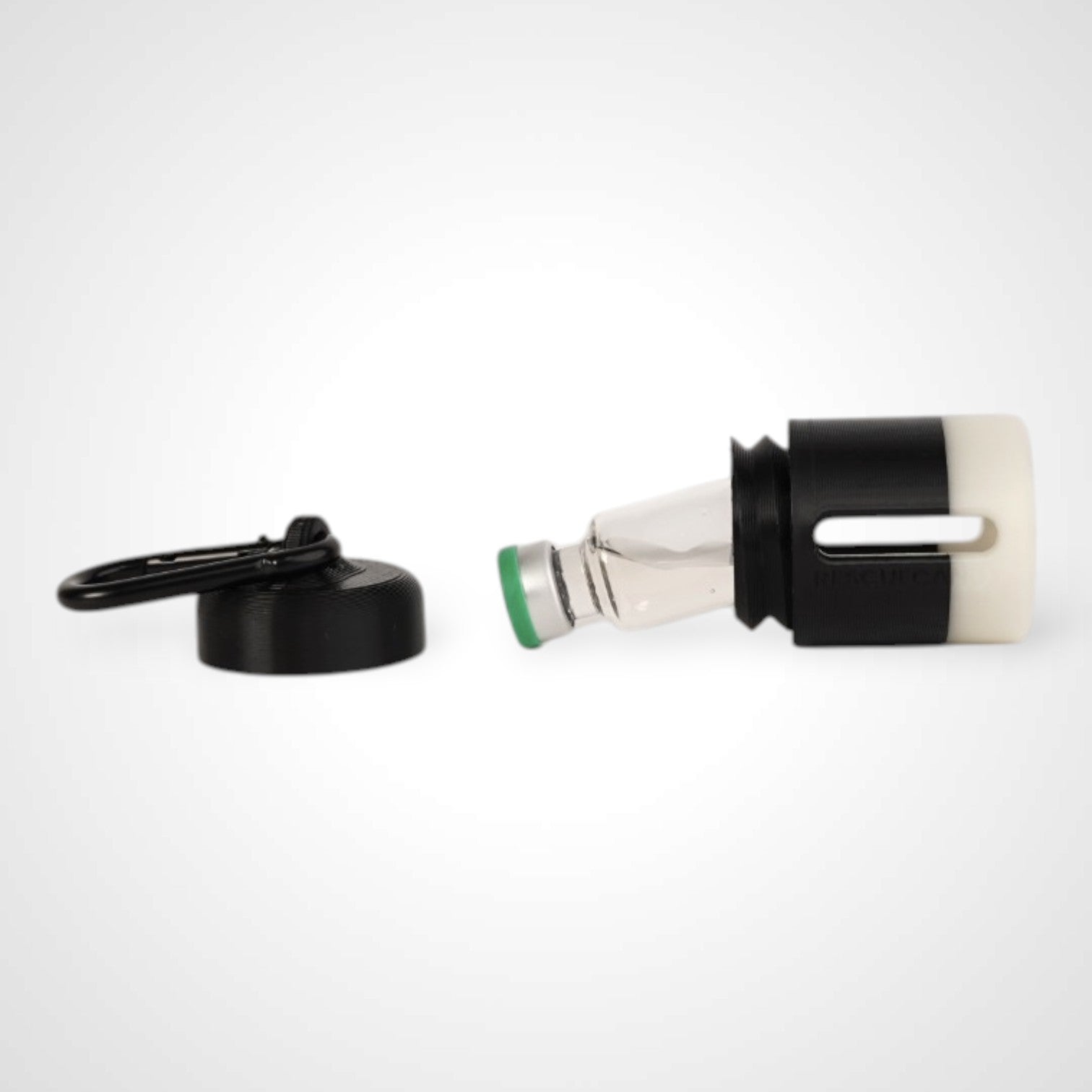 Black with white stripe vial vault. For empty 2ml or smaller vials, made with polylactic acid created using additive manufacturing. With 1.37" stainless steel black coated carabiner. Shown with vial on white background.
