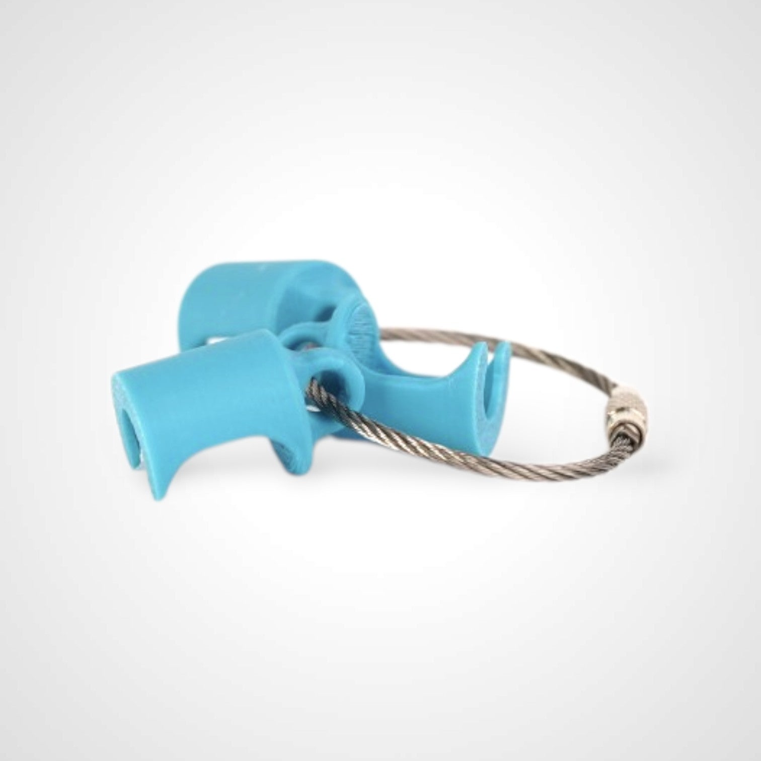 Three blue polylactic acid created using additive manufacturing classic cap clips on steel cable keyring. Shown on a white background.