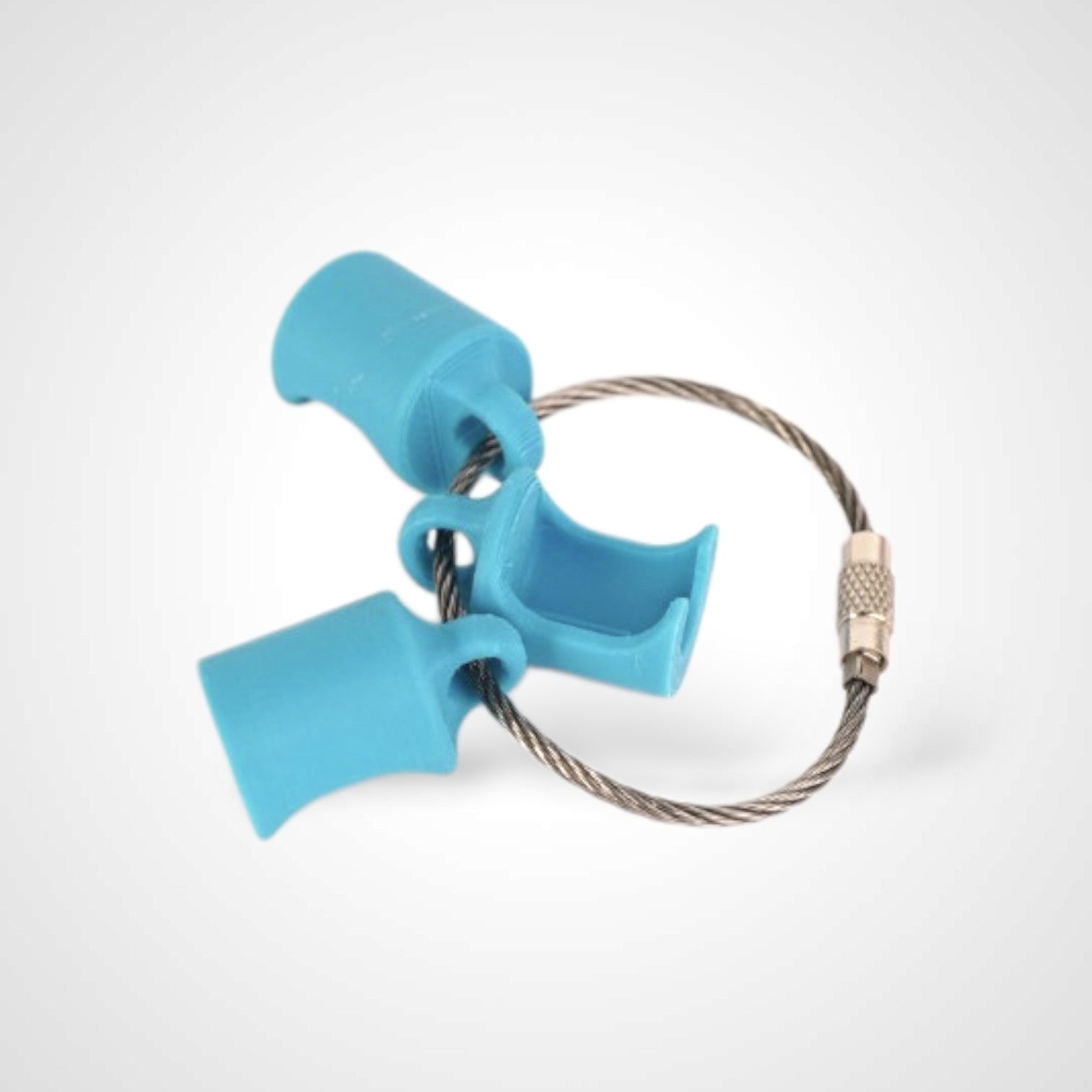 Three blue polylactic acid created using additive manufacturing classic cap clips on steel cable keyring. Shown on a white background.