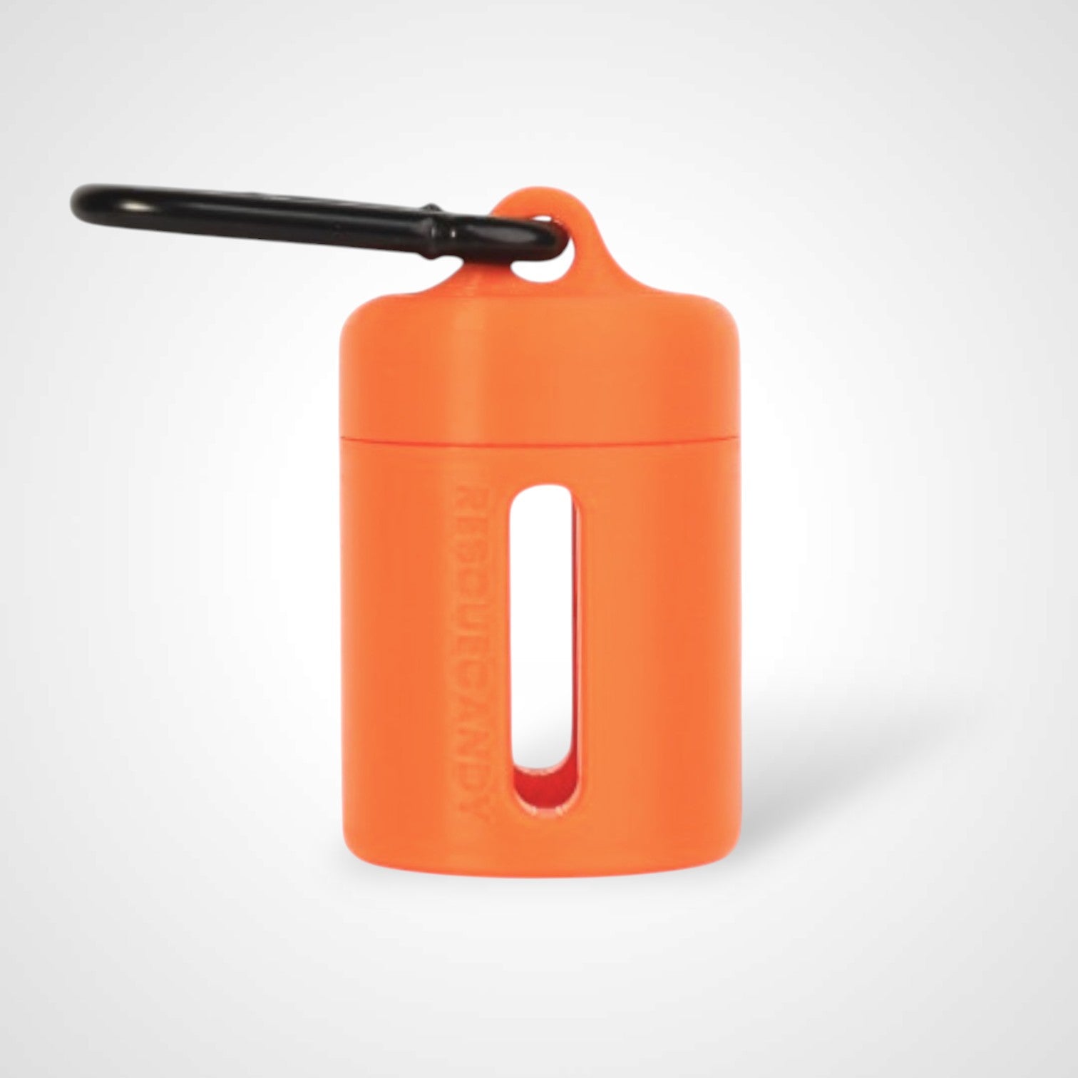 Rescue orange vial vault. For empty 2ml or smaller vials, made with polylactic acid created using additive manufacturing. With 1.37" stainless steel black coated carabiner. Shown on white background.