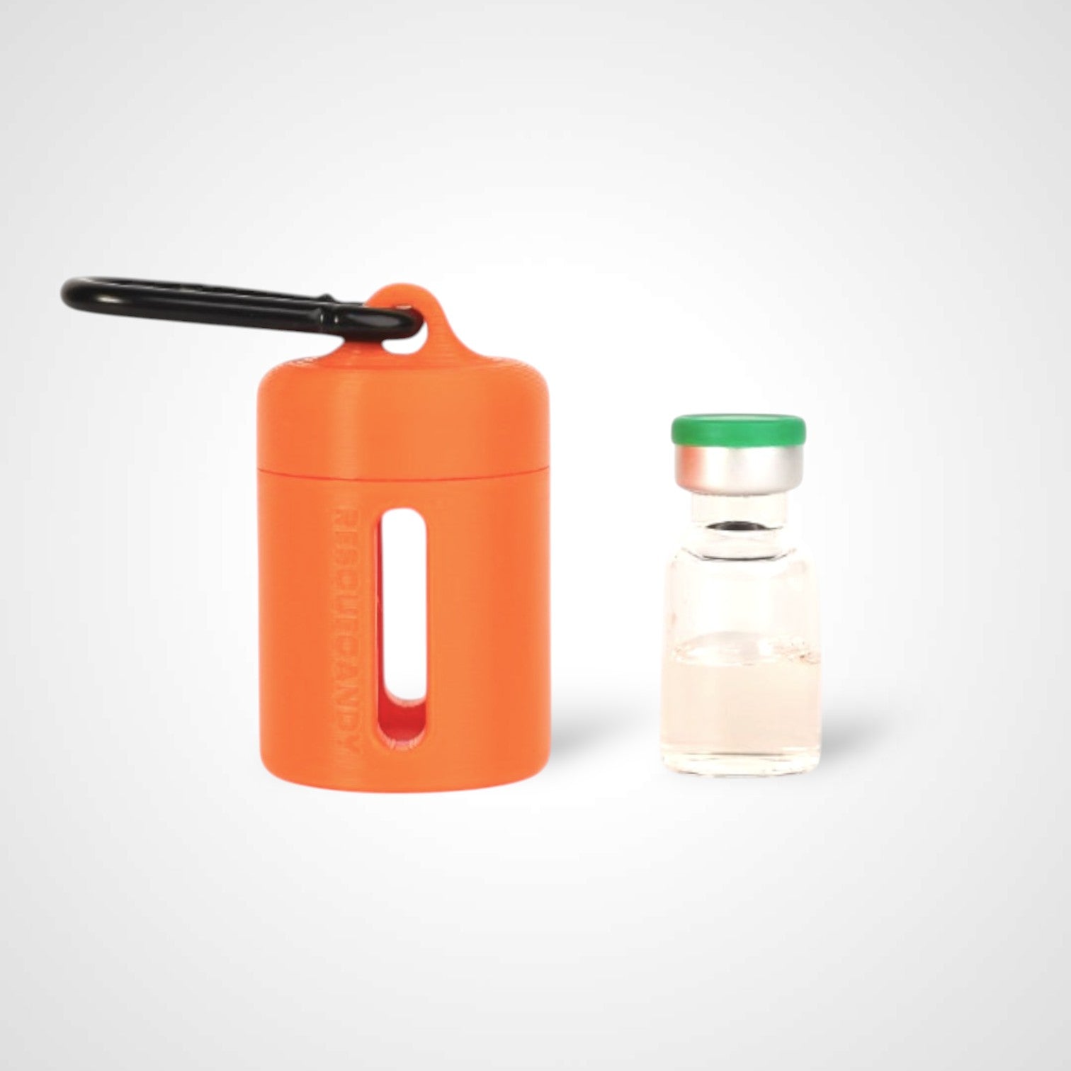 Rescue orange vial vault. For empty 2ml or smaller vials, made with polylactic acid created using additive manufacturing. With 1.37" stainless steel black coated carabiner. Shown next to vial on white background.