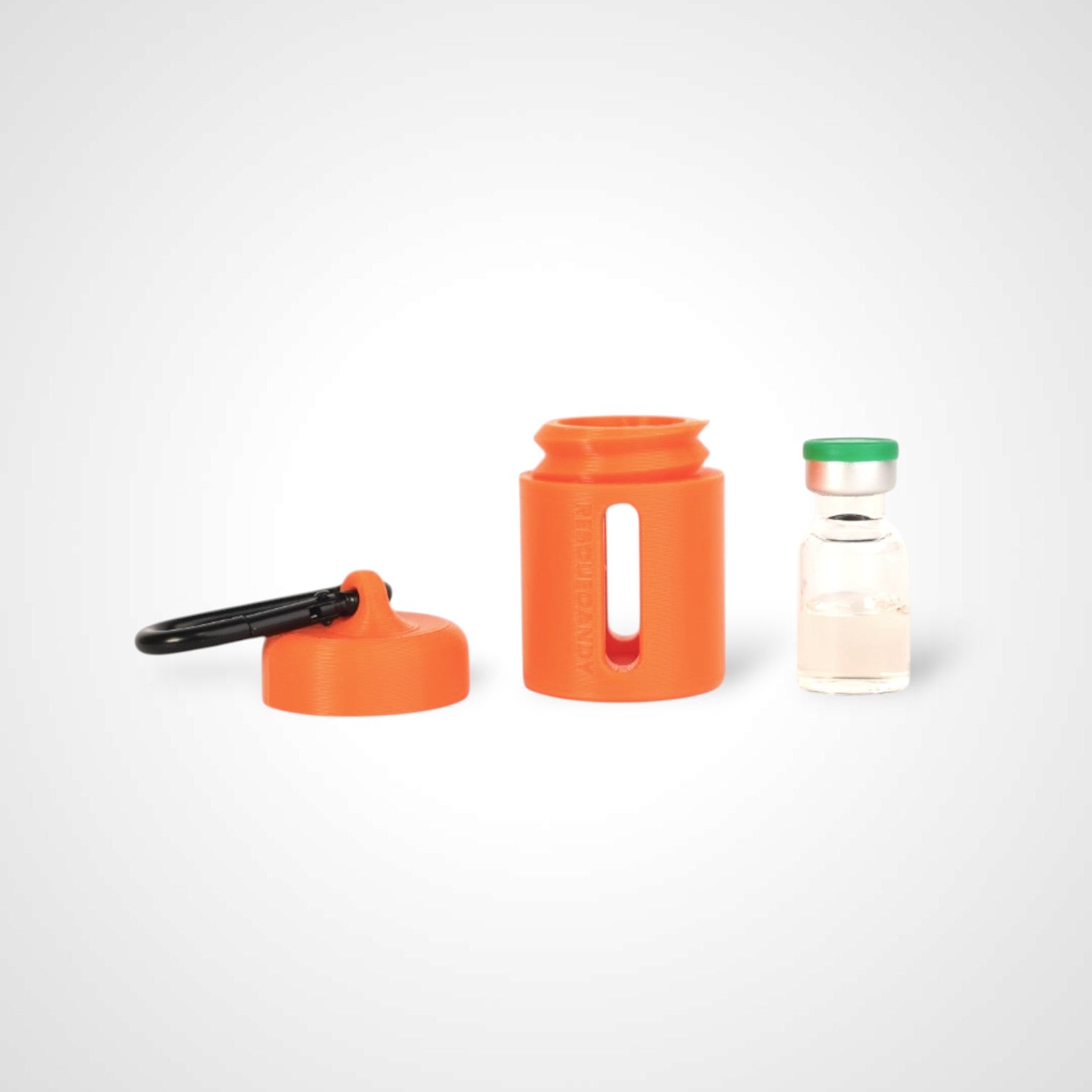 Rescue orange vial vault. For empty 2ml or smaller vials, made with polylactic acid created using additive manufacturing. With 1.37" stainless steel black coated carabiner. Shown next to vial on white background.