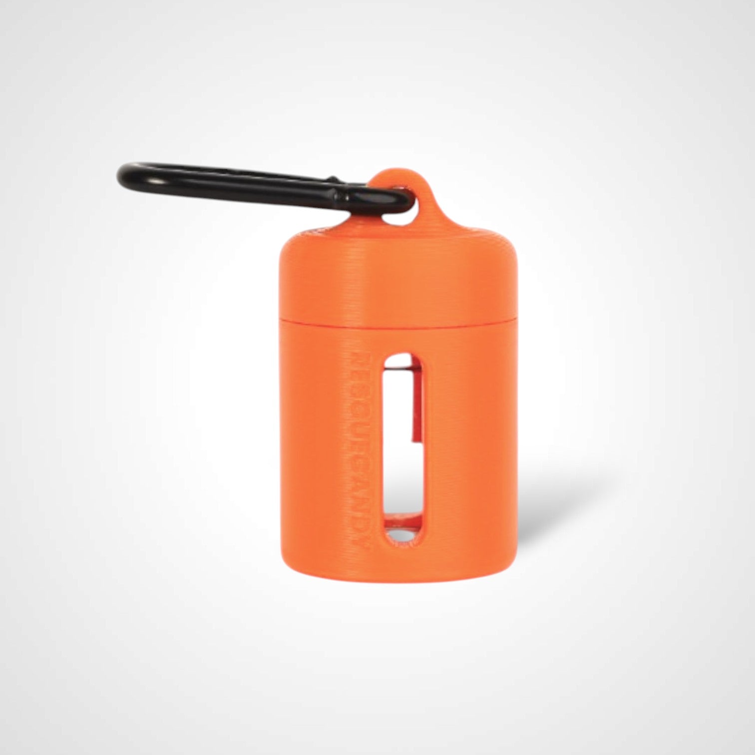 Rescue orange vial vault. For empty 2ml or smaller vials, made with polylactic acid created using additive manufacturing. With 1.37" stainless steel black coated carabiner. Shown with vial in it on white background.