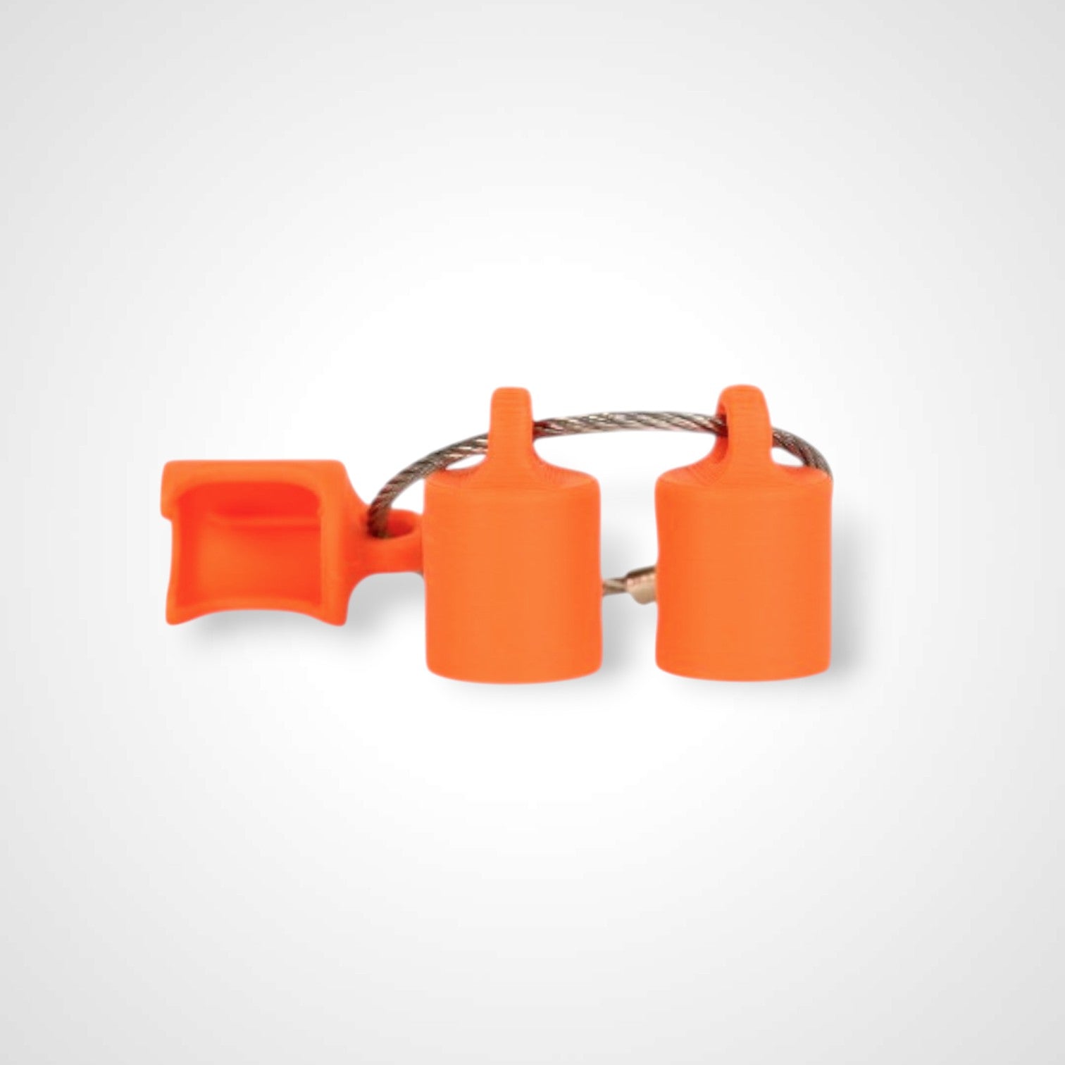 Three orange polylactic acid created using additive manufacturing classic cap clips on steel cable keyring. Shown on a white background.