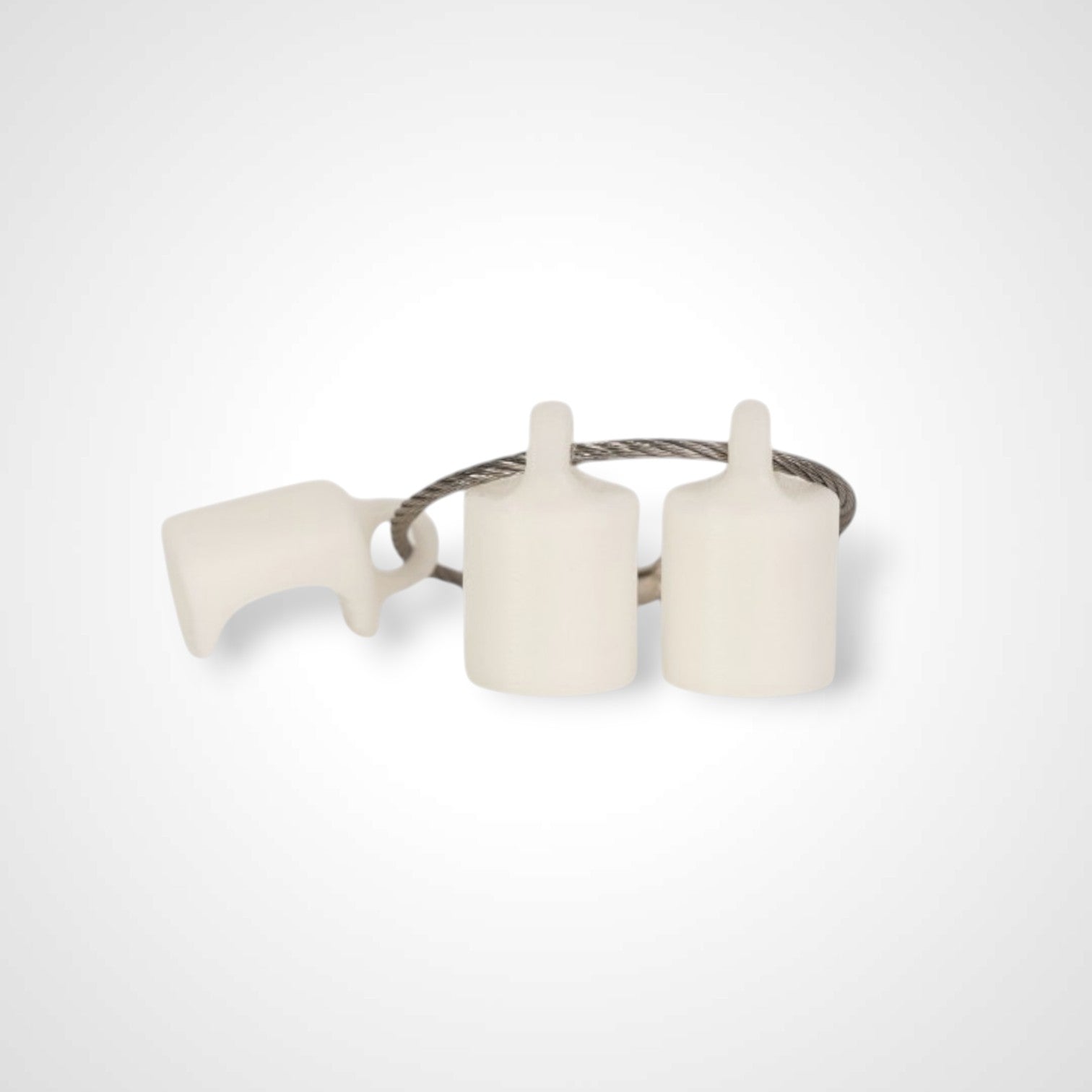 Three white polylactic acid created using additive manufacturing classic cap clips on steel cable keyring. Shown on a white background.