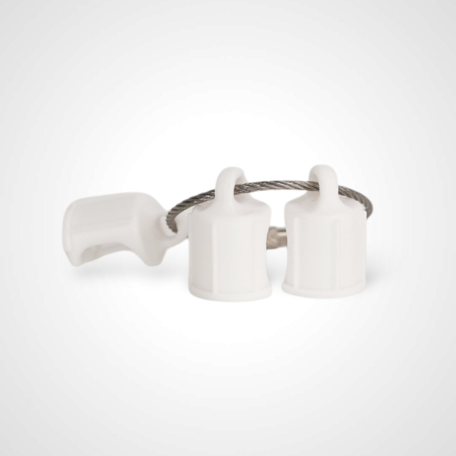 Three white polylactic acid created using additive manufacturing faux flush cap clip on steel cable keyring. Shown on a white background.