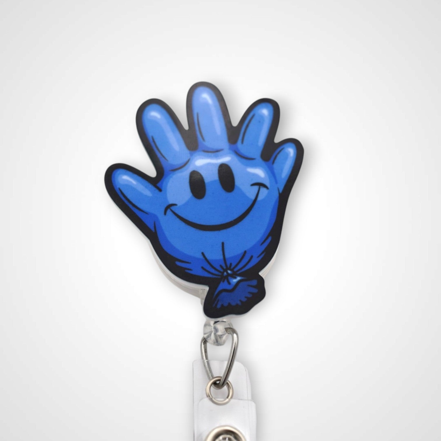 Blue Happy Glove badge reel. On a swivel-alligator clip that rotates 360° with a nylon retractable string. Shown on a white background.