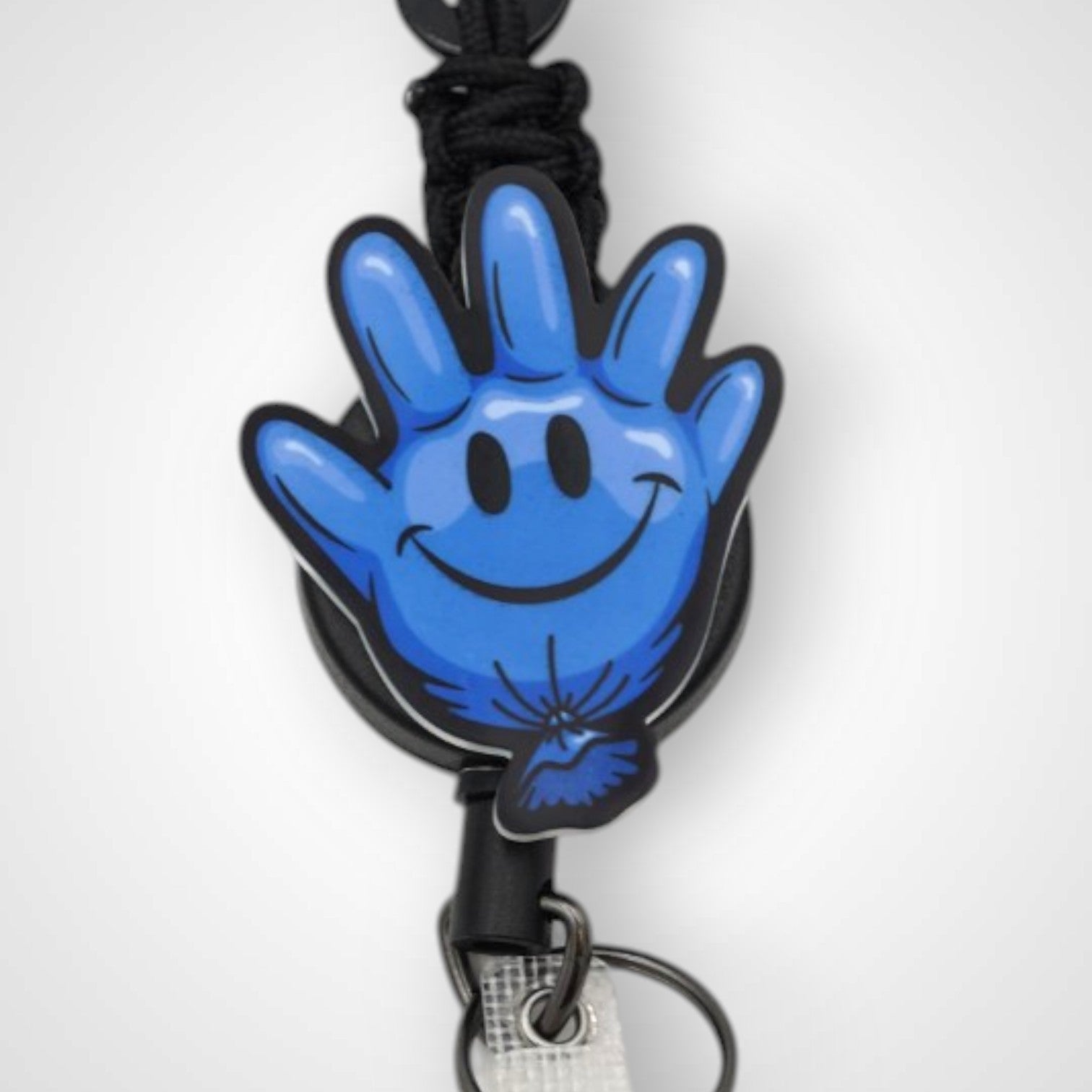 Blue Happy Glove badge reel. On a carabiner with a steel retractable cable. Shown on a white background.
