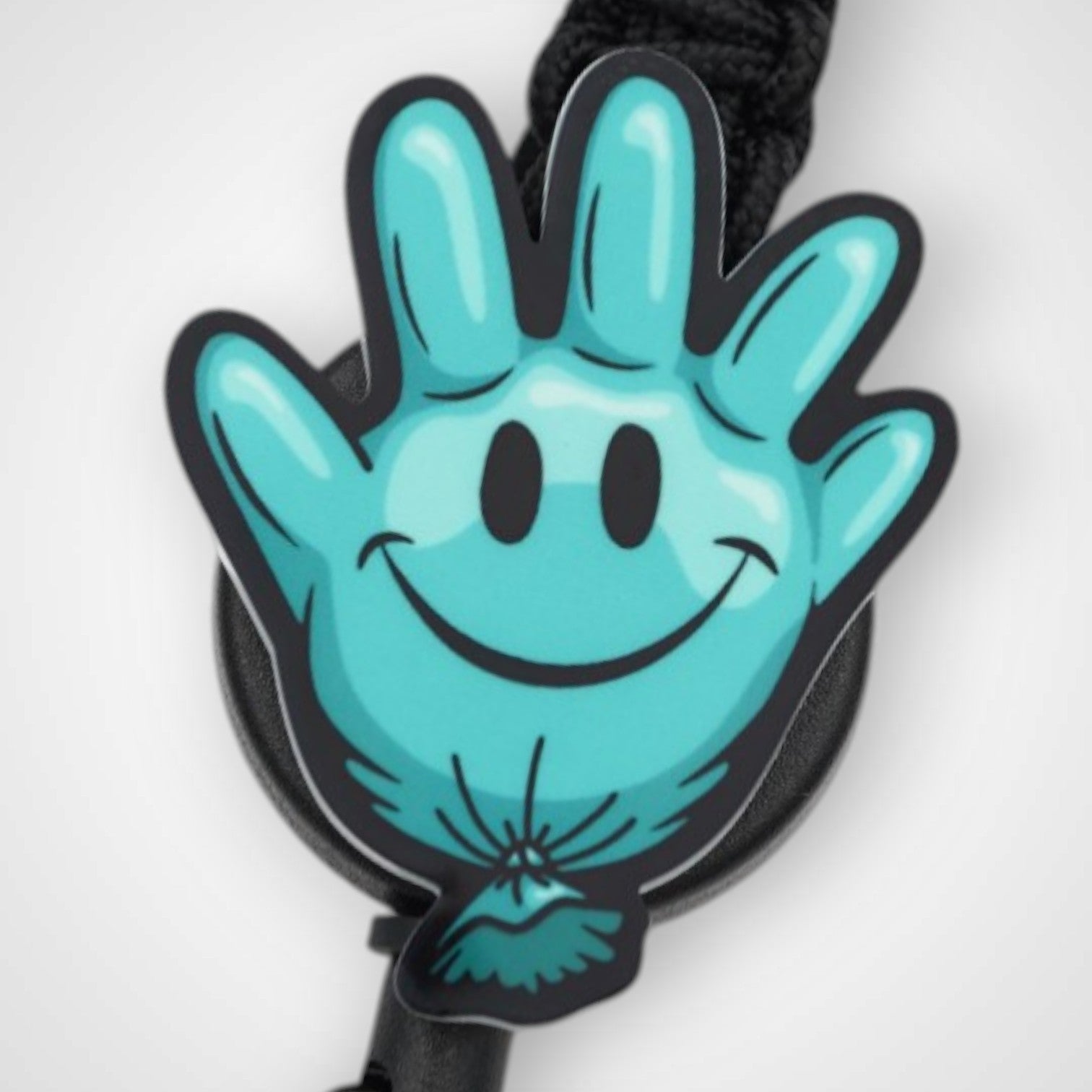Teal Happy Glove badge reel. On a carabiner with a steel retractable cable. Shown on a white background.