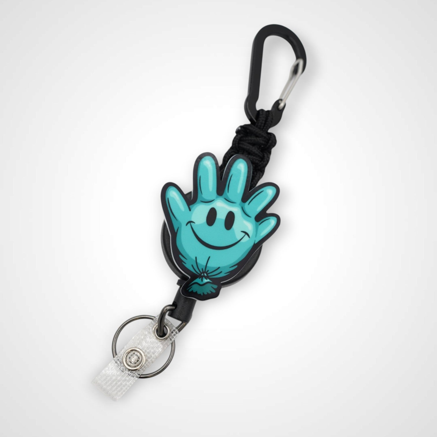 Teal Happy Glove badge reel. On a carabiner with a steel retractable cable. Shown on a white background.