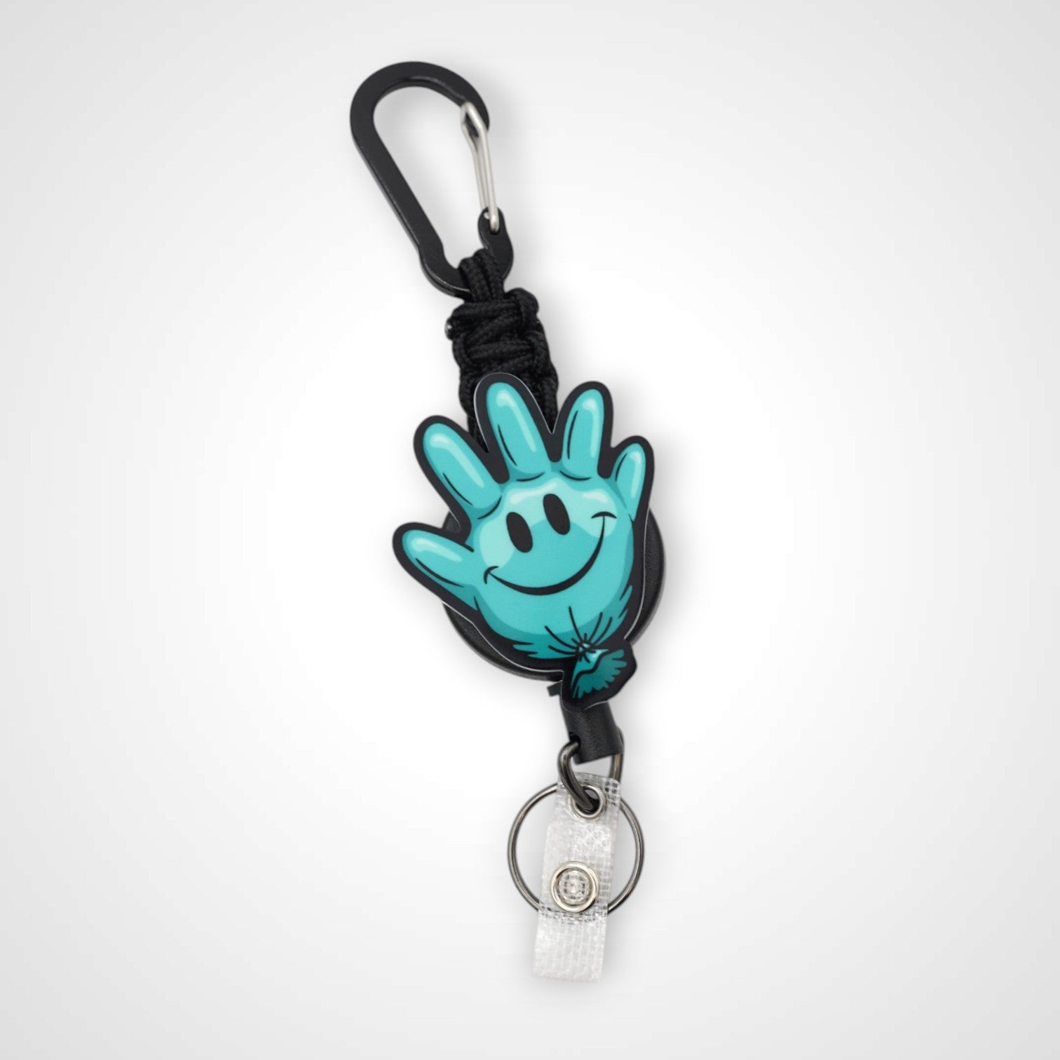Teal Happy Glove badge reel. On a carabiner with a steel retractable cable. Shown on a white background.