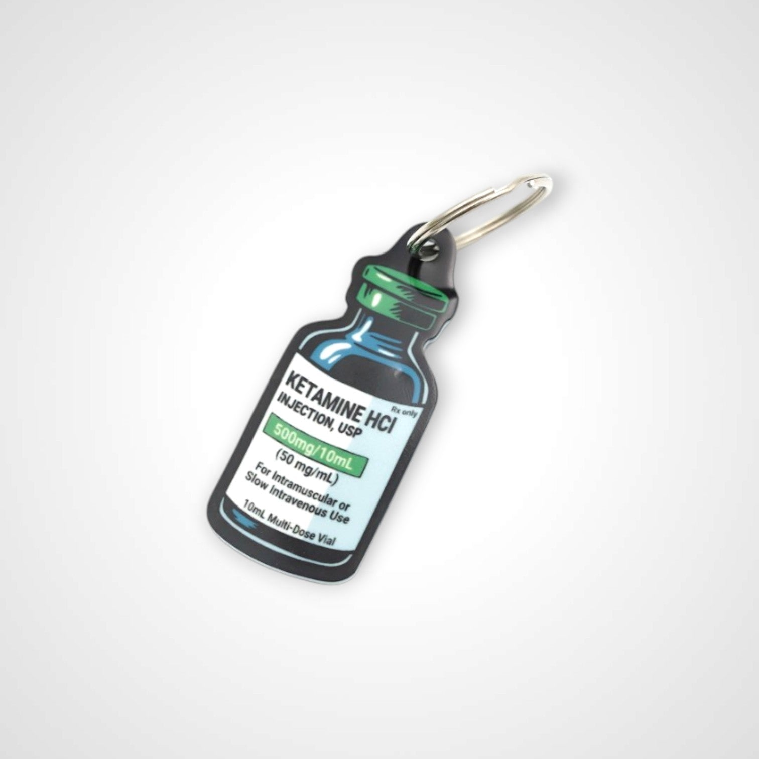 Ketamine vial cast acrylic keychain with double coil keyring. Shown on white background.