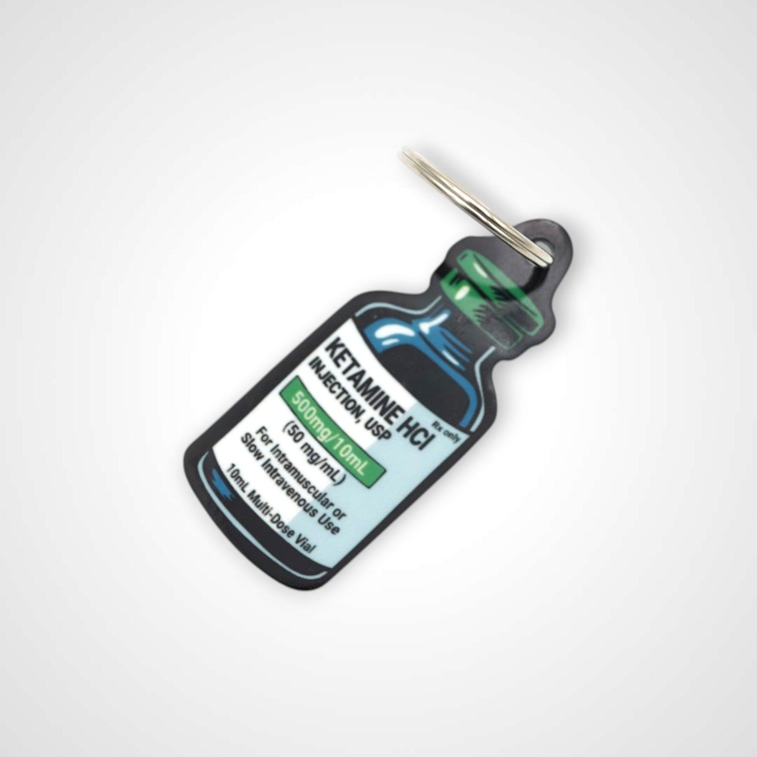 Ketamine vial cast acrylic keychain with double coil keyring. Shown on white background.