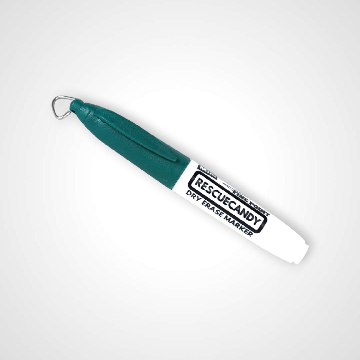 Green dry erase keychain with Rescuecandy logo.