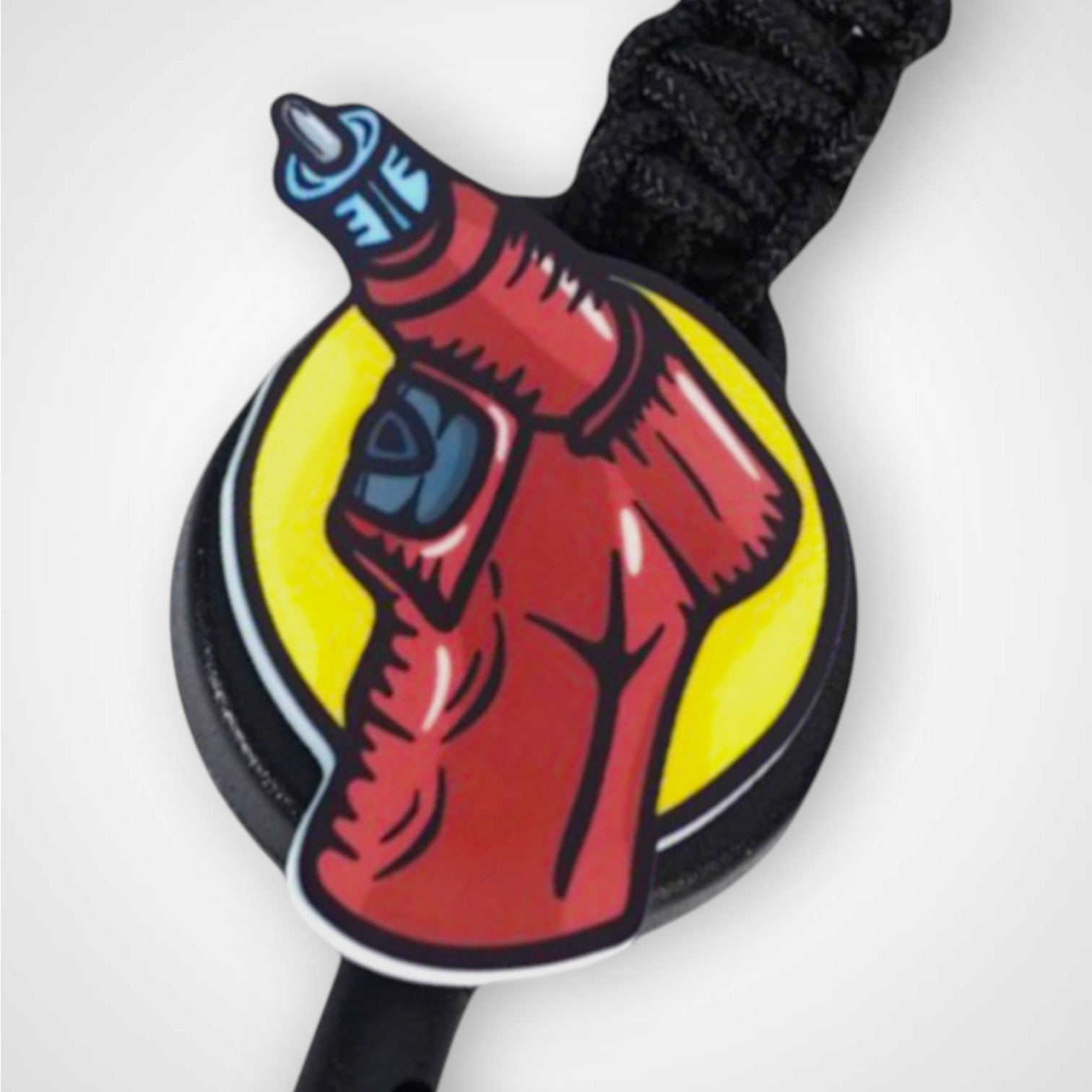 IO Drill badge reel. On a carabiner with a steel retractable cable. Shown on a white background.