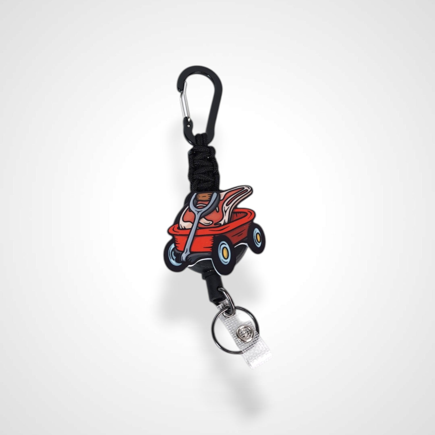 Meat wagon badge reel. On a carabiner with a steel retractable cable. Shown on a white background.