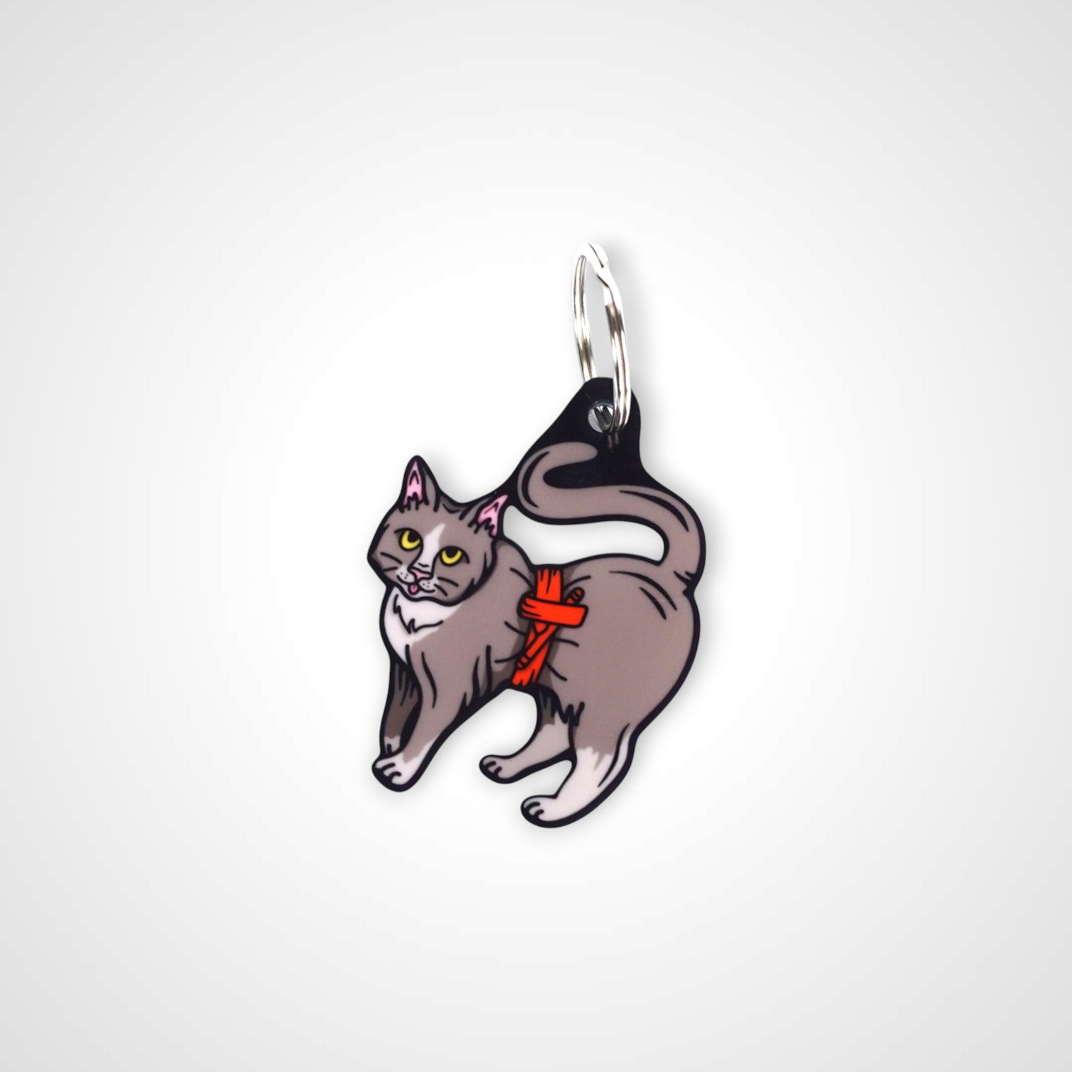 Tournicat cast acrylic keychain with double coil keyring. Shown on white background.
