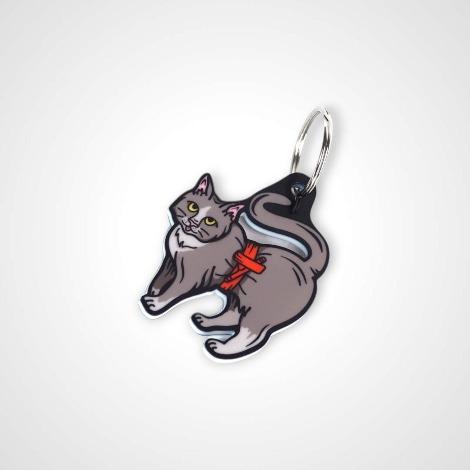 Tournicat cast acrylic keychain with double coil keyring. Shown on white background.