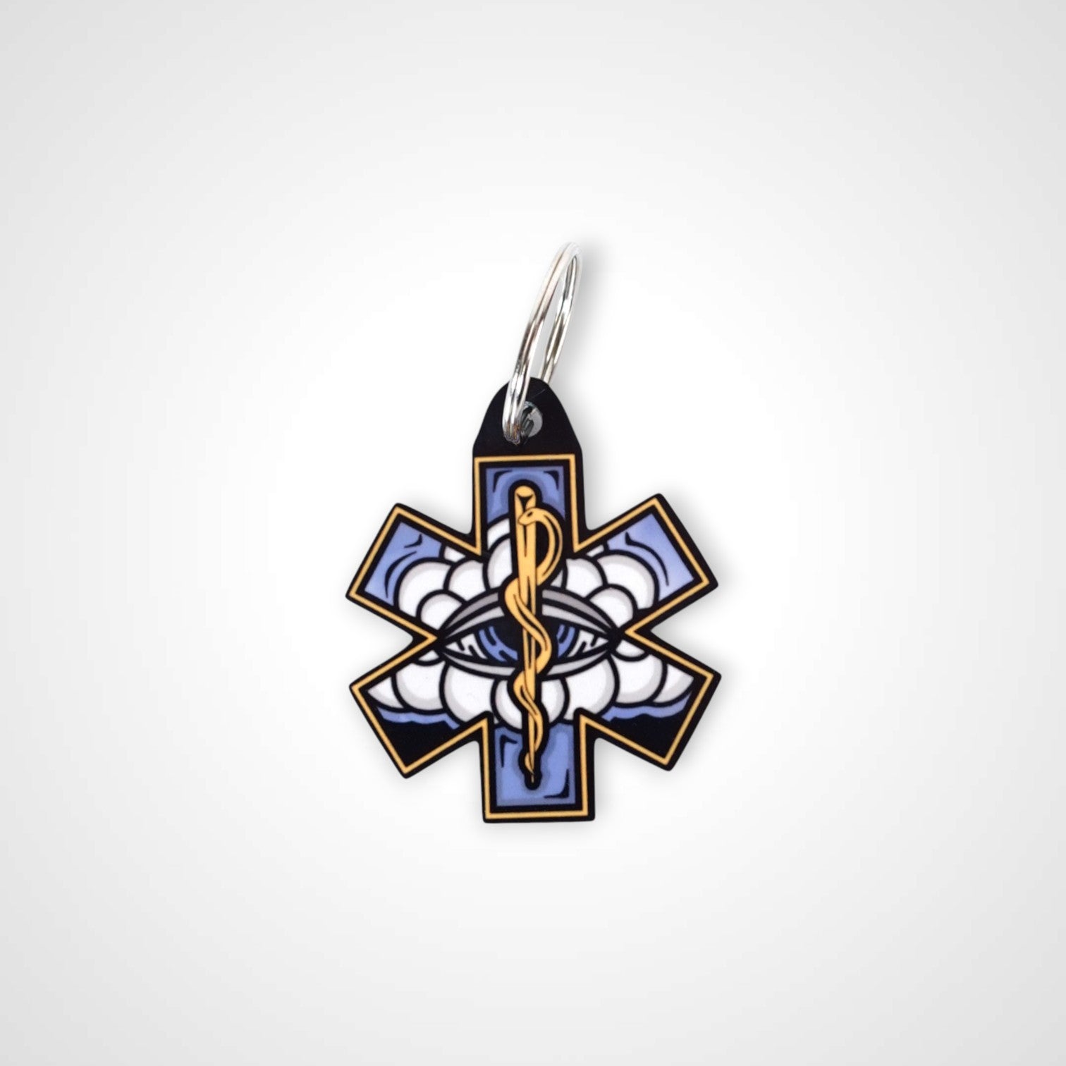 White Cloud cast acrylic keychain with double coil keyring. Shown on white background.