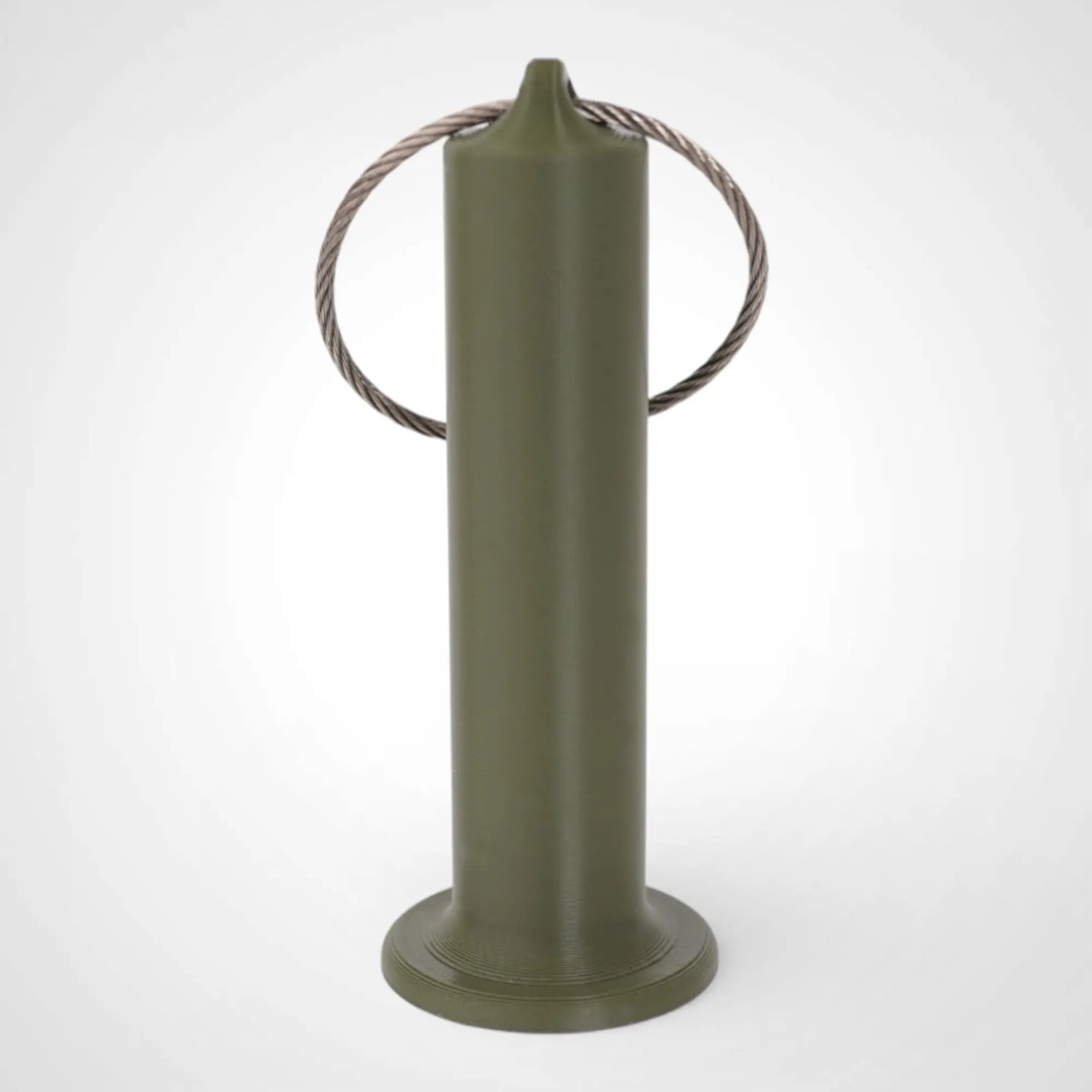 Army Green 3-inch roll holder made with polylactic acid, created using additive manufacturing for holding tape and bandage rolls. With a steel cable keyring. Shown on white background.