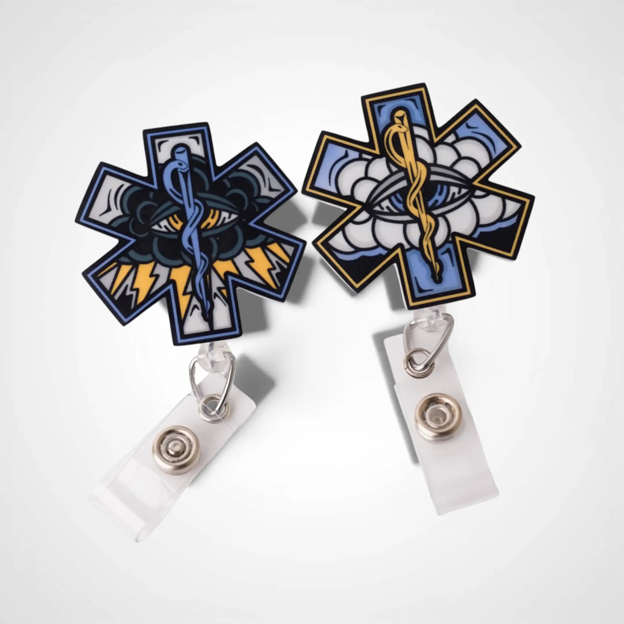 Black and White Cloud Partner Set badge reel. On a swivel-alligator clip that rotates 360° with a nylon retractable string. Shown on a white background.