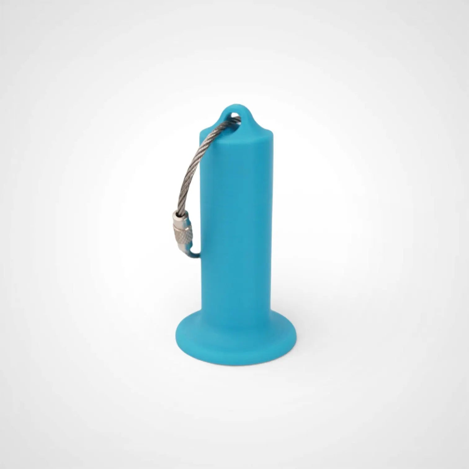 2-inch blue roll holder made with polylactic acid created using additive manufacturing for holding tape and bandage rolls. With a steel cable keyring. Shown on white background.
2-inch tall
